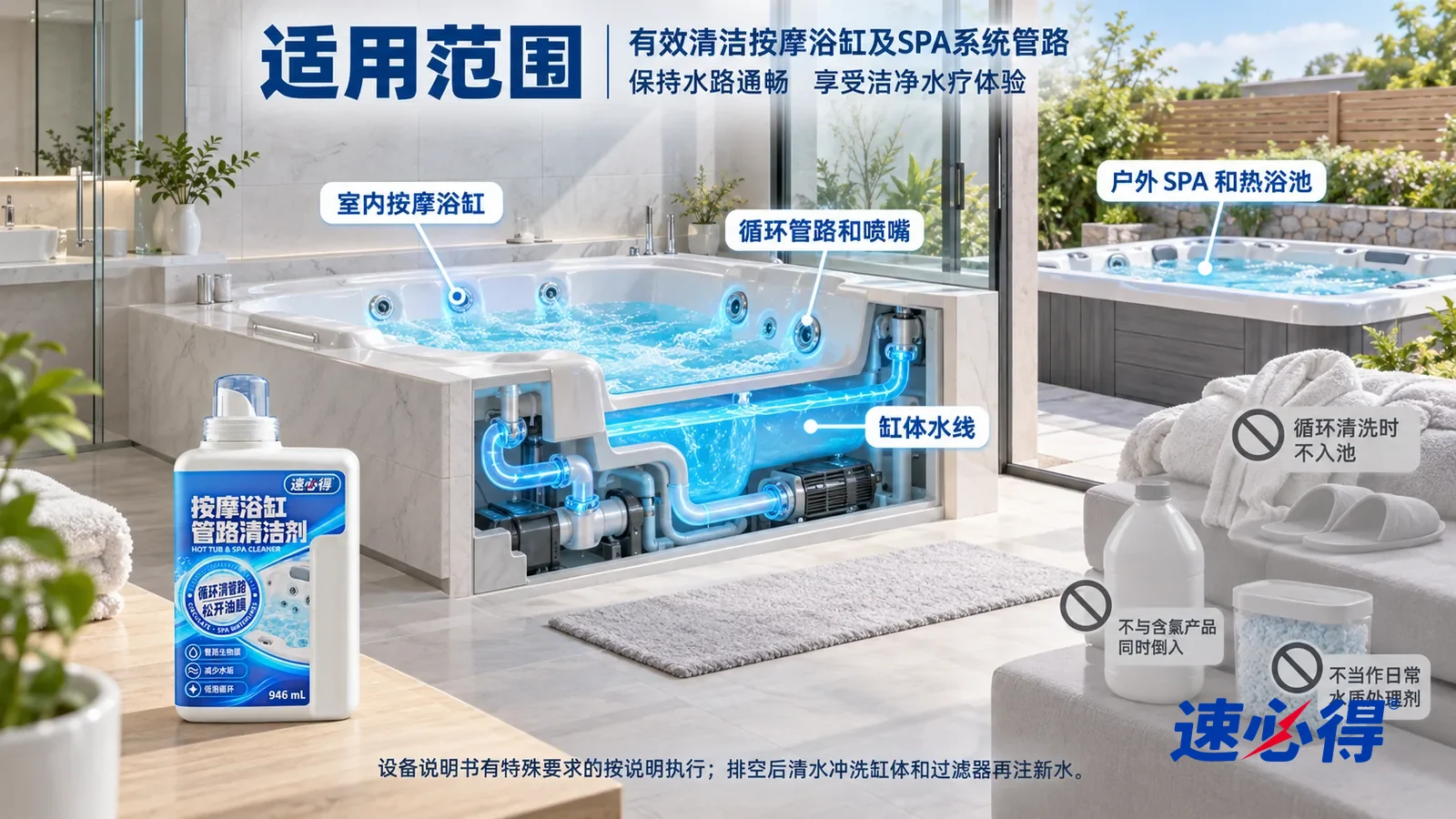 示意图：速必得浴缸 SPA 清洁剂——一张写实 3D 剖面实景图，一套明亮的家的主卫和后院露台区域，连续空间、一个视角，室内按摩浴缸、户外 SPA、缸壁喷嘴和剖开的循环管路