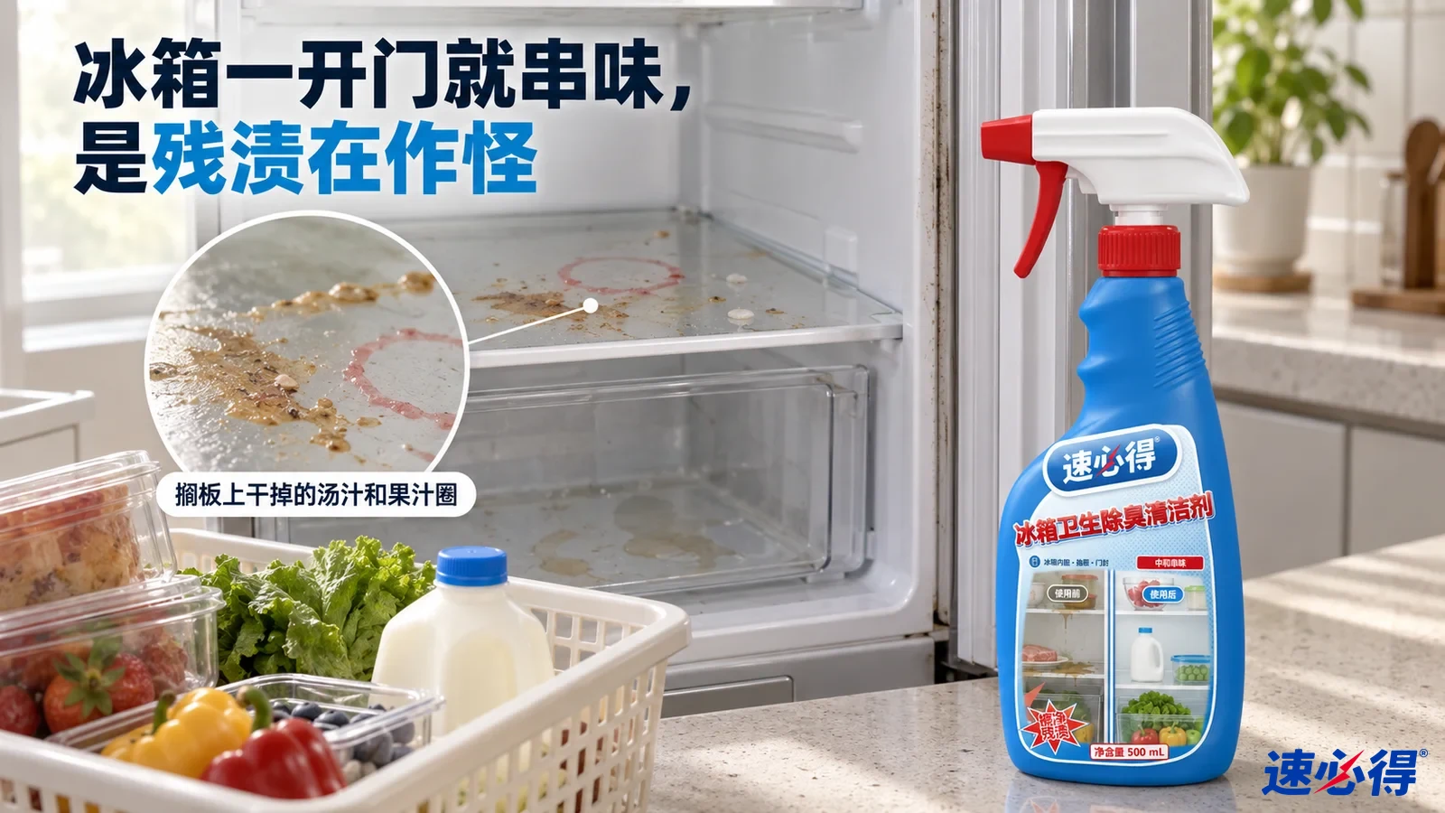 示意图：打开的冰箱玻璃搁板上的残渍、食品篮和蓝色喷瓶。