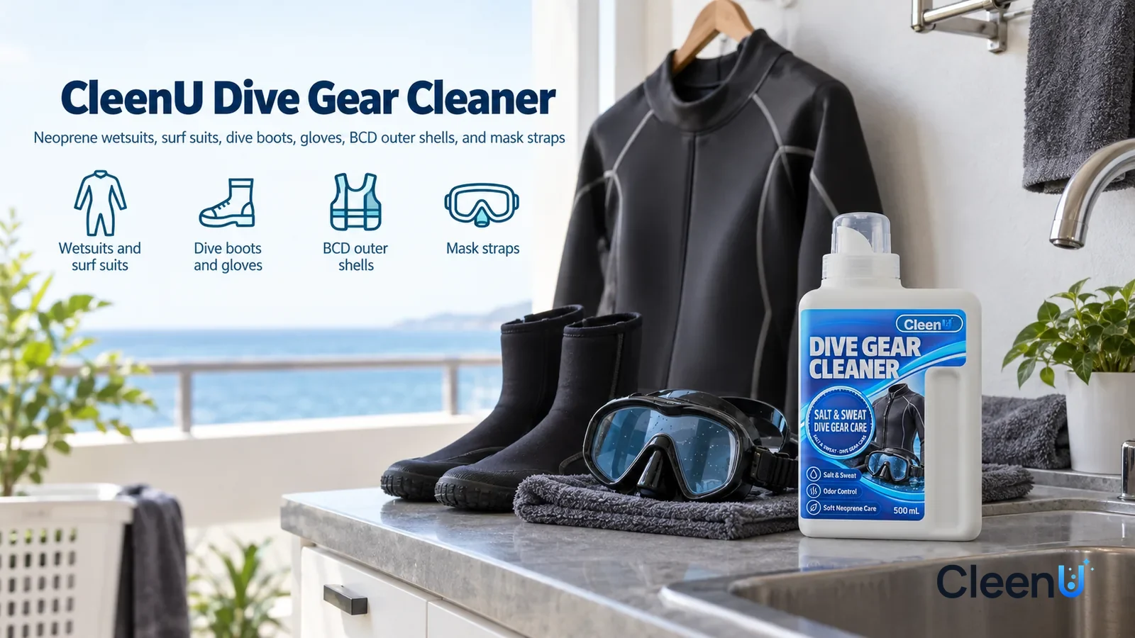 Illustration: CleenU Dive Gear Cleaner — A bright, clean balcony laundry area, a glossy black wetsuit (no brand marks) on a wide-shoulder hanger