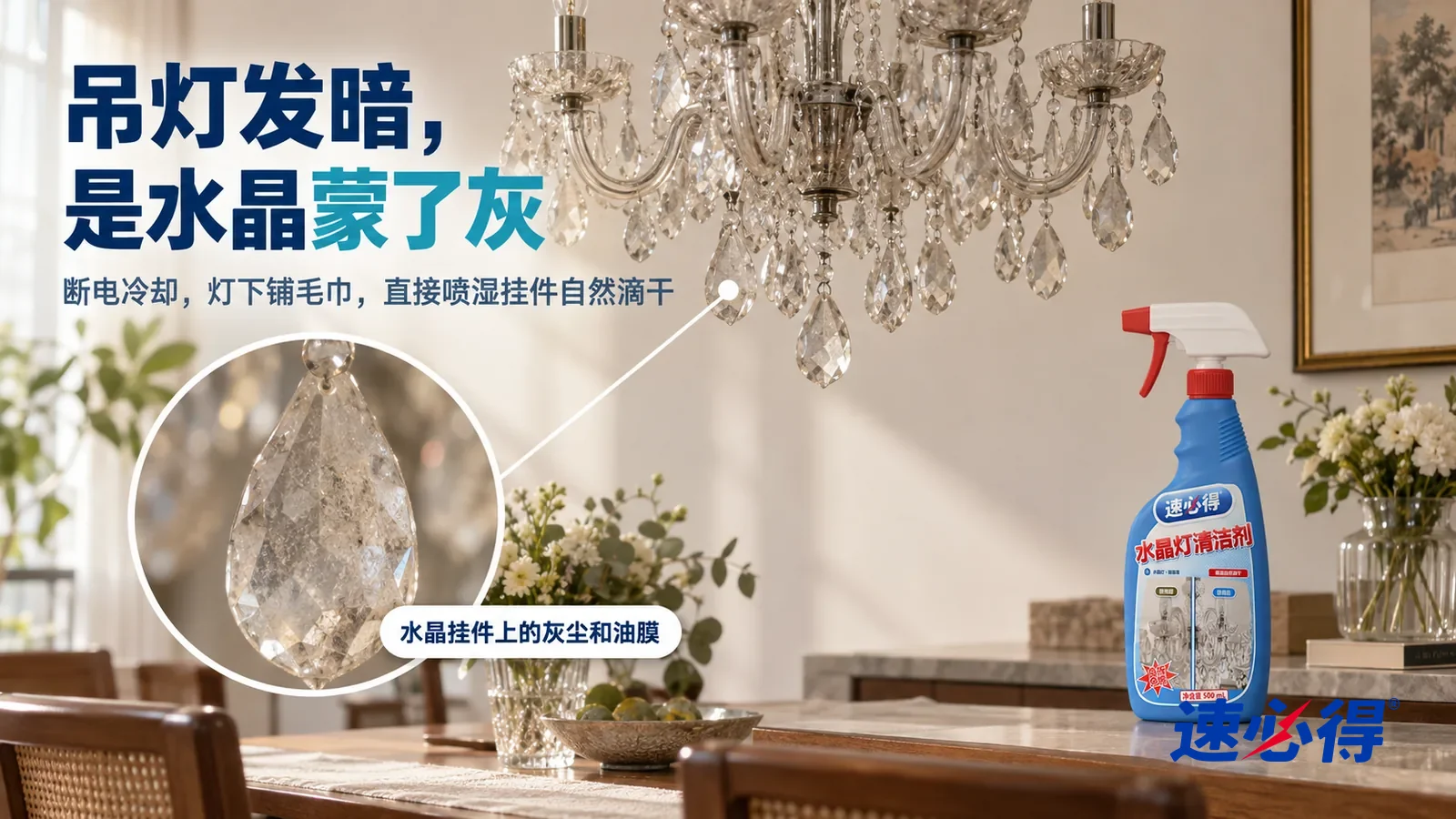 示意图:速必得水晶灯清洁剂——一间家常餐厅的横向中景,餐桌上方一盏关着的水晶吊灯(无品牌标志)在画面中间偏上,白天窗光侧照下,水晶挂件蒙着一层灰和薄油膜,标题“吊灯发暗,是水晶蒙了灰”