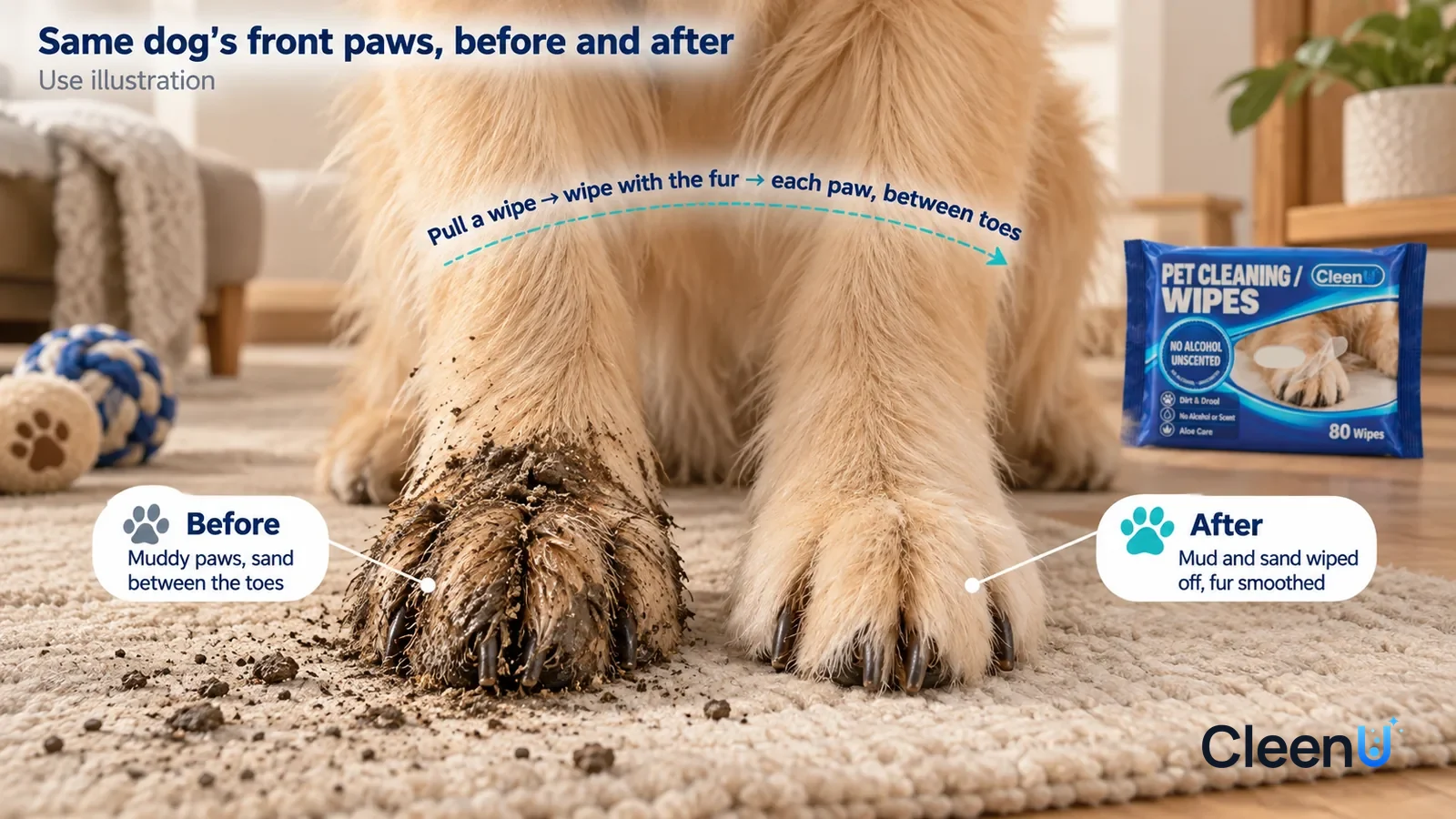Illustration: CleenU Pet Cleaning Wipes — A full-screen low-angle close-up of a light golden medium-sized dog's two front paws resting side by side on a light mat