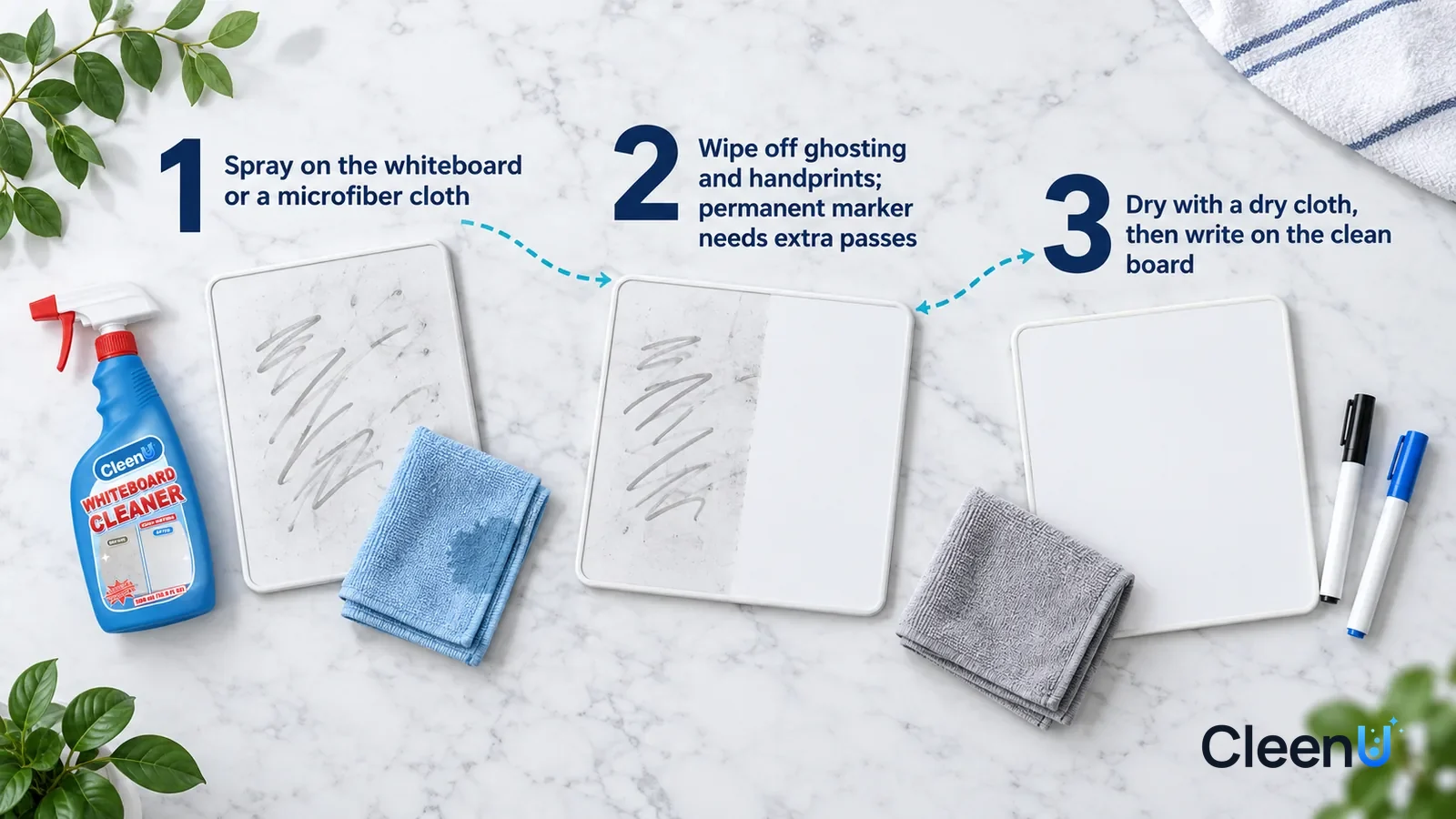 Illustration: CleenU Whiteboard Cleaner — an overhead shot straight down onto a light marble tabletop, no hands: (1) a small whiteboard sample with abstract grey ghosting and a folde