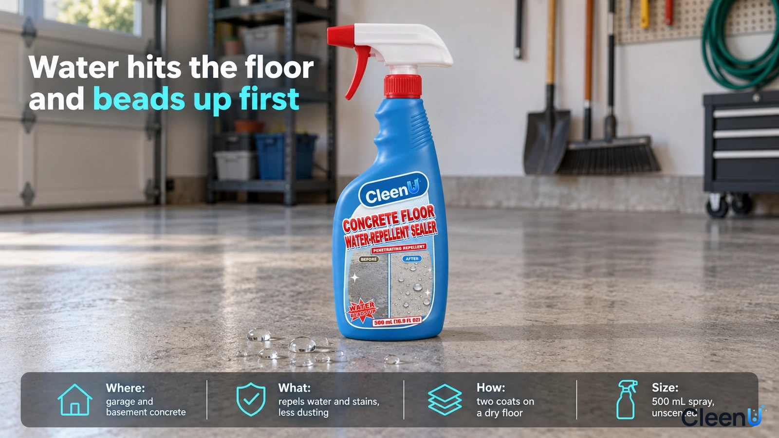 Illustration: A blue sealer bottle on gray concrete with water beads.