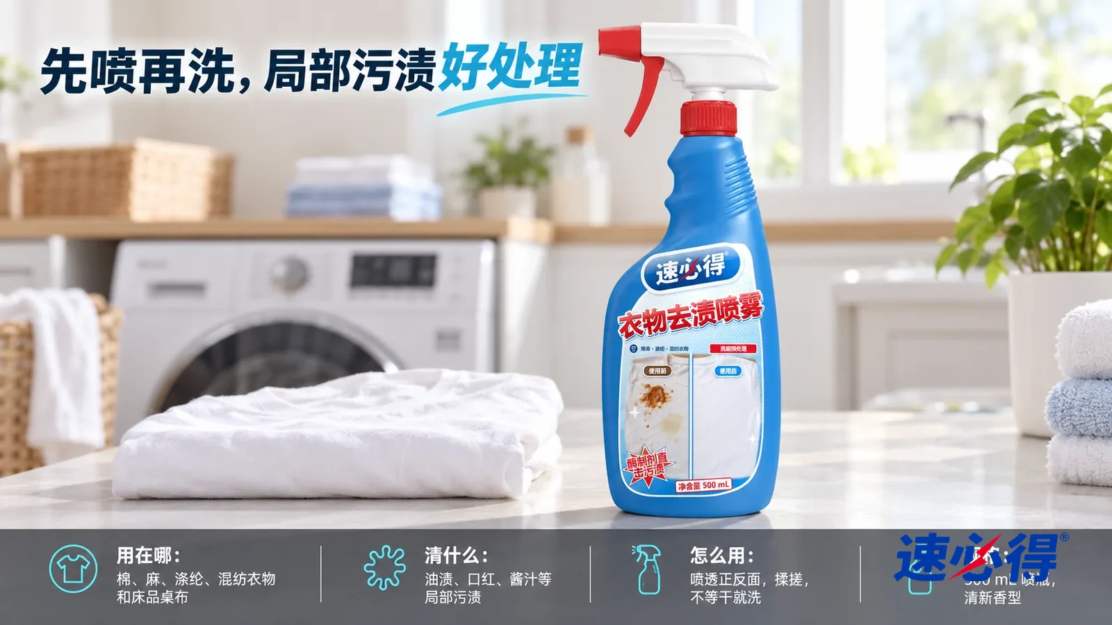 示意图：速必得衣物去渍喷雾居中站在洗衣间台面上，旁边一件叠好的干净白 T 恤，身后洗衣机和洗衣间向画面深处柔和虚化