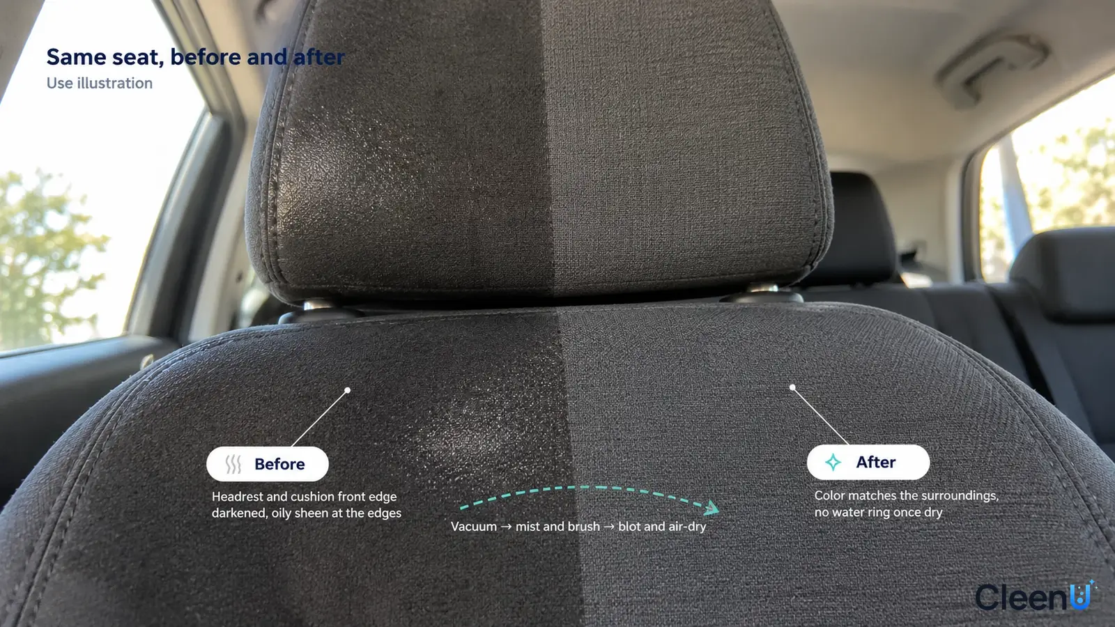 Illustration: Dark marks and a clearer area on a fabric car seat; not a measured cleaning test.