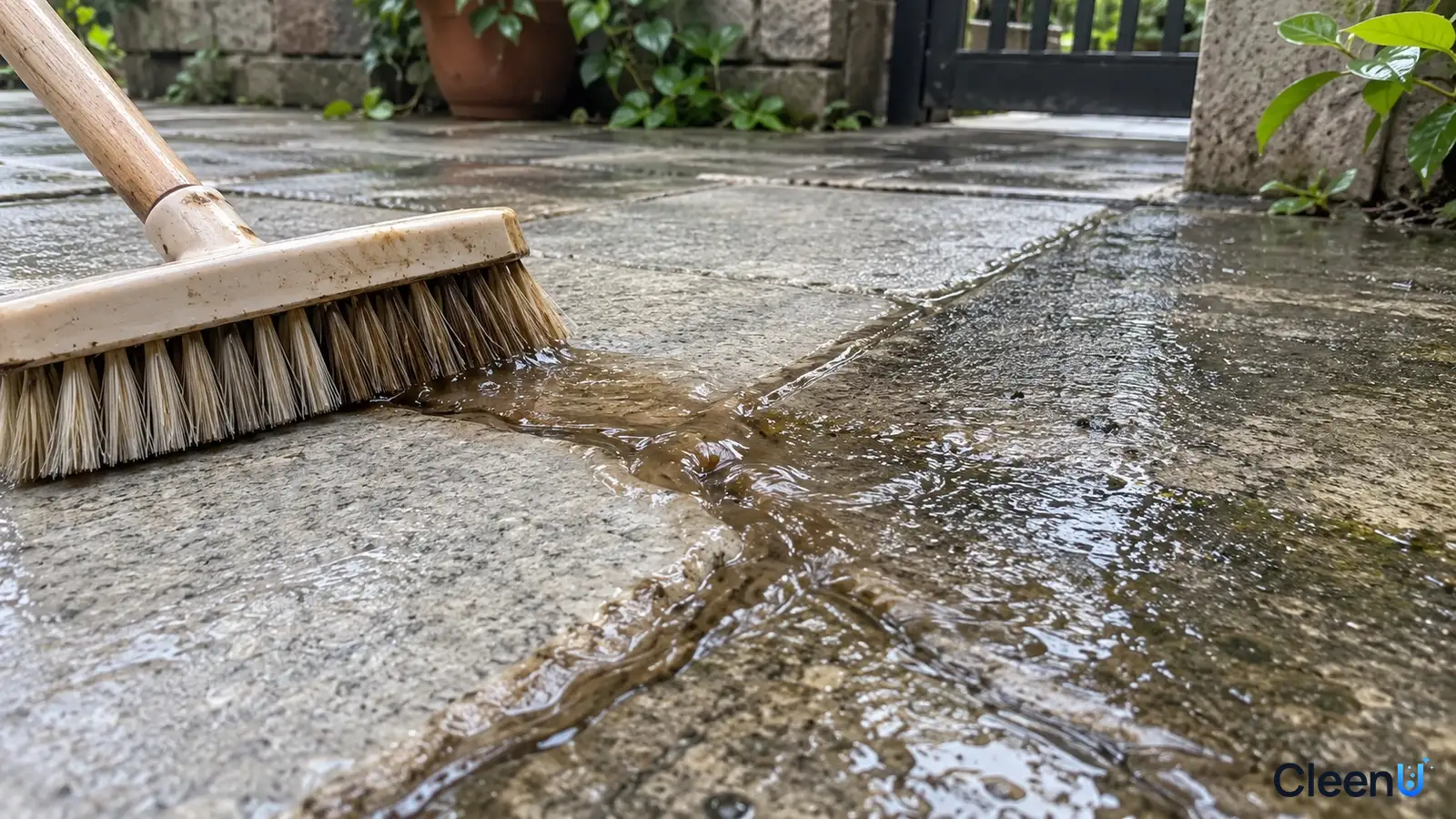 Illustration: A long-handled brush scrubbing wet patio stones and dark-stained joints.