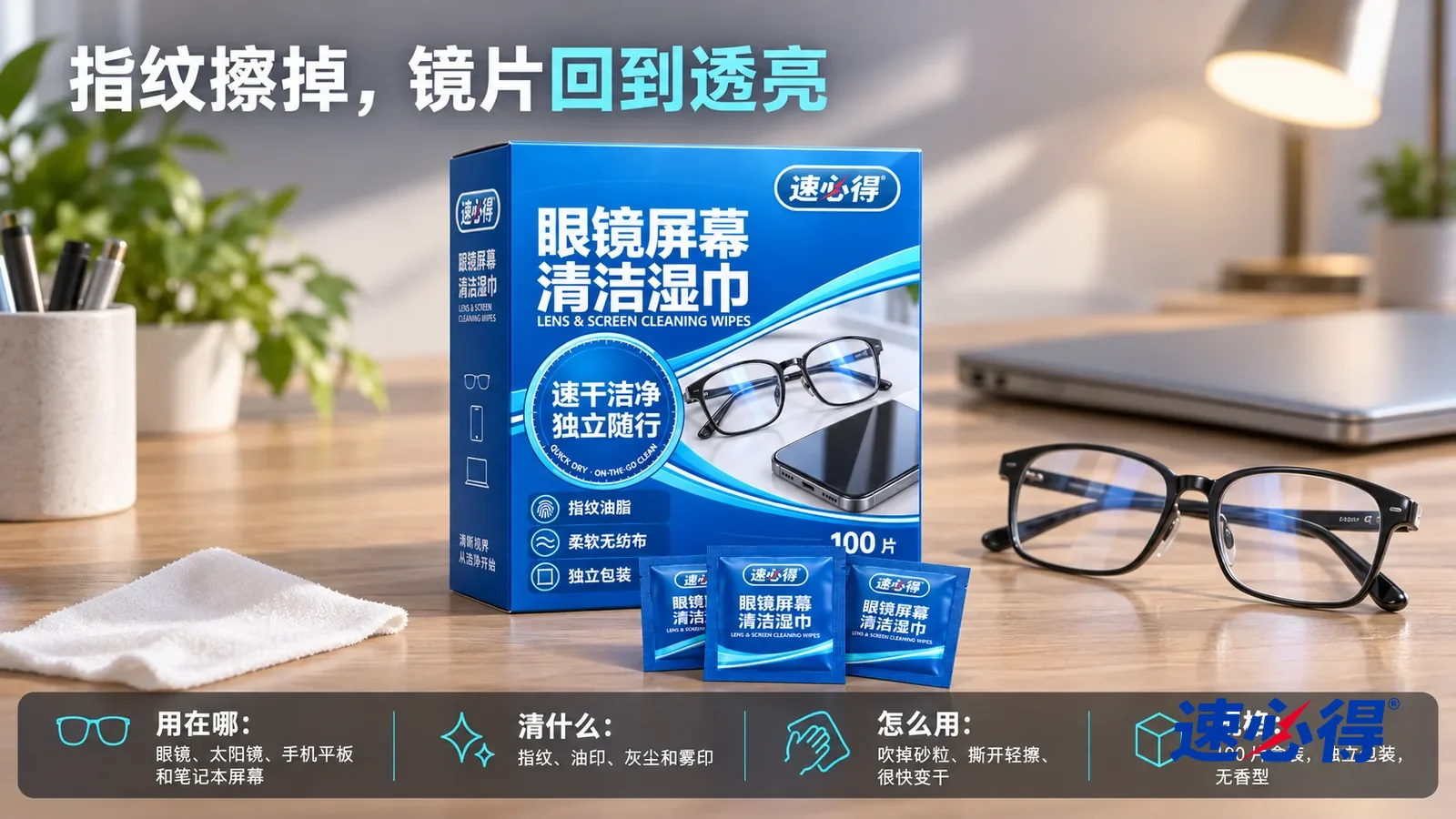 示意图：速必得眼镜屏幕清洁湿巾纸盒合好居中站在书桌上，三个小包斜靠在盒前，旁边一副干净透亮的黑框眼镜（无品牌），身后一台合着的笔记本电脑和台灯向画面深处柔和虚化