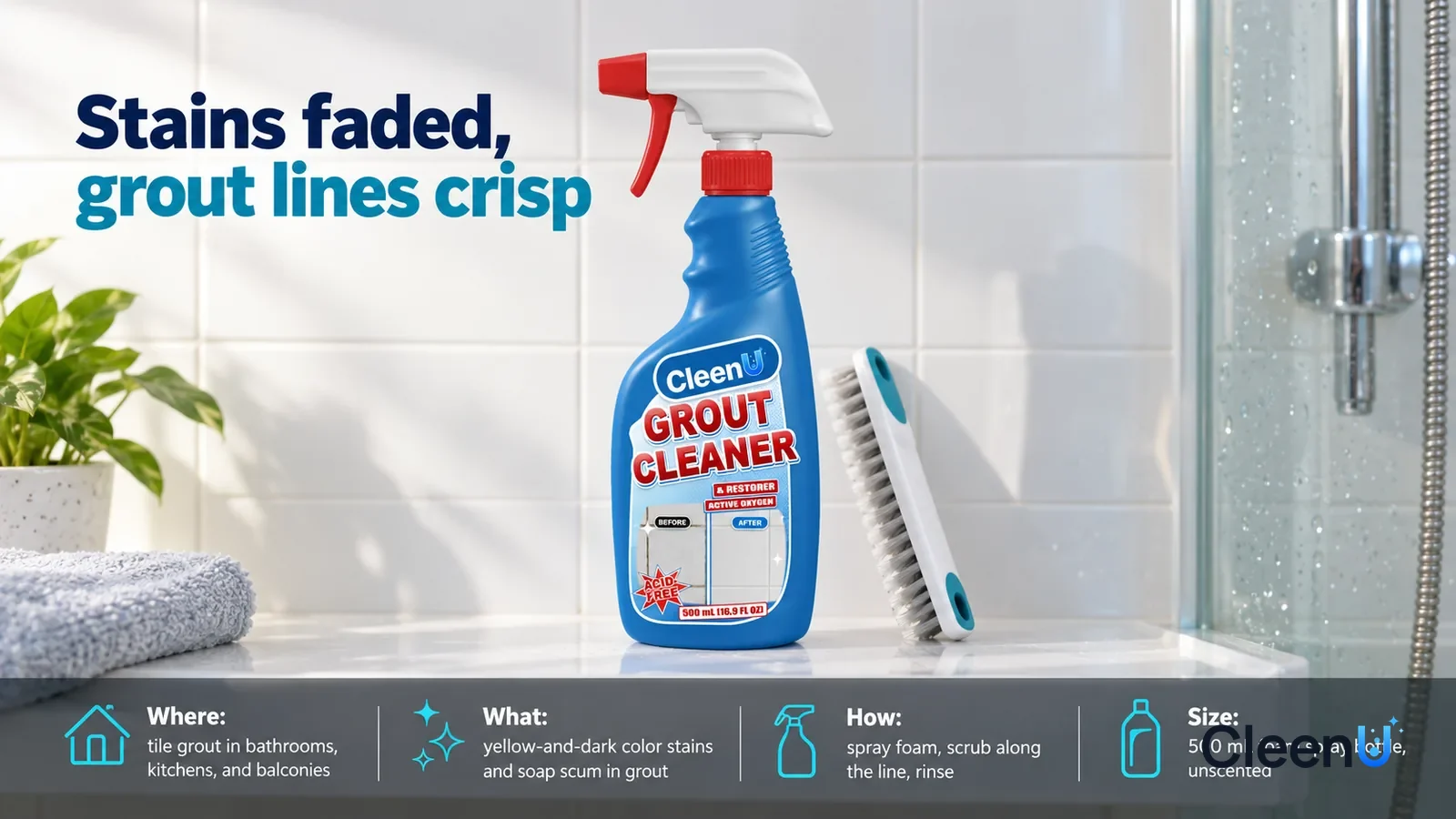 Illustration: CleenU Grout Cleaner & Restorer stands centered on a shower shelf, a slim grout brush beside it, white wall tiles with clean