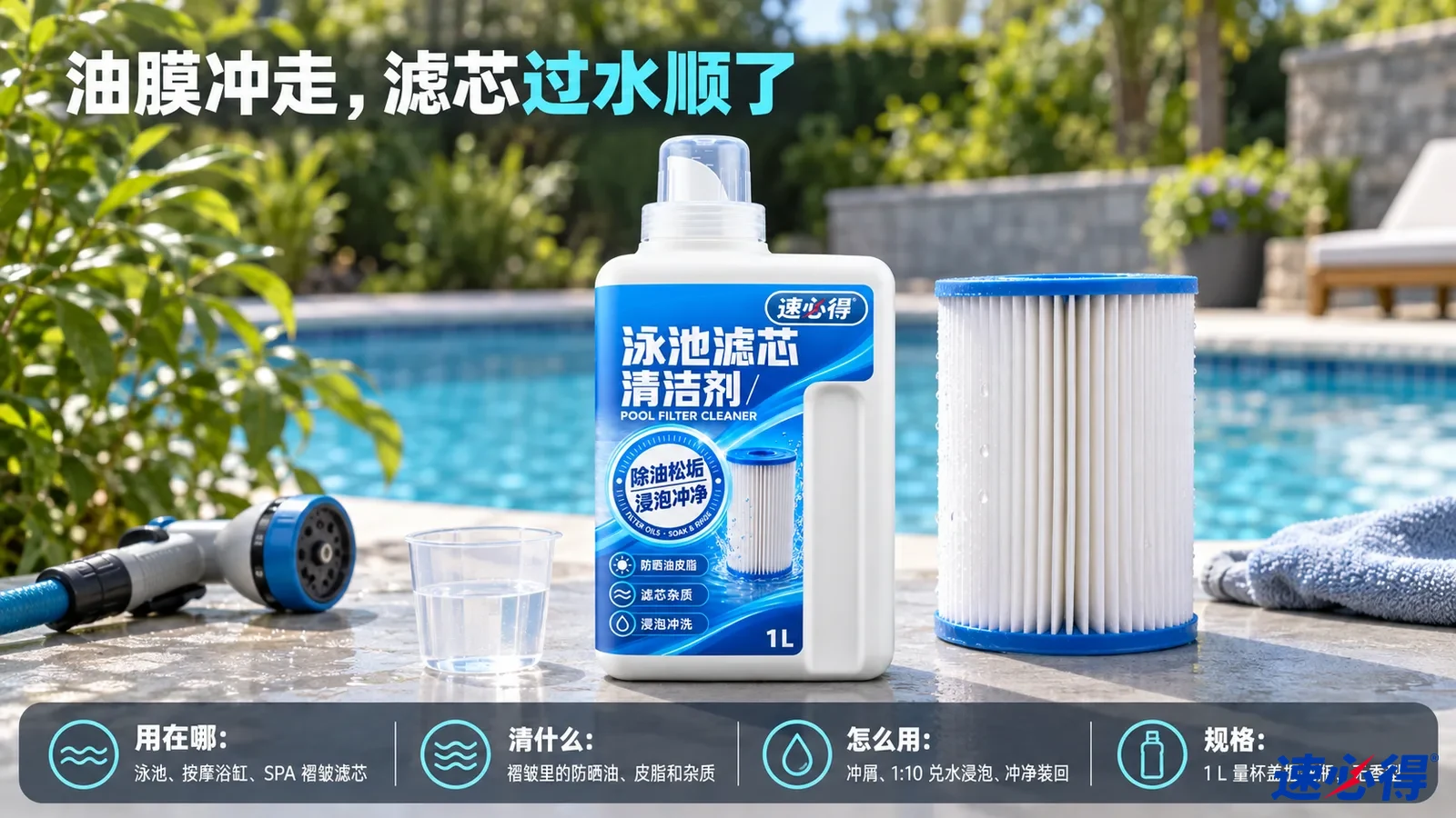 示意图：白色清洁剂瓶、白色褶皱滤芯、蓝毛巾和水管摆在泳池旁。