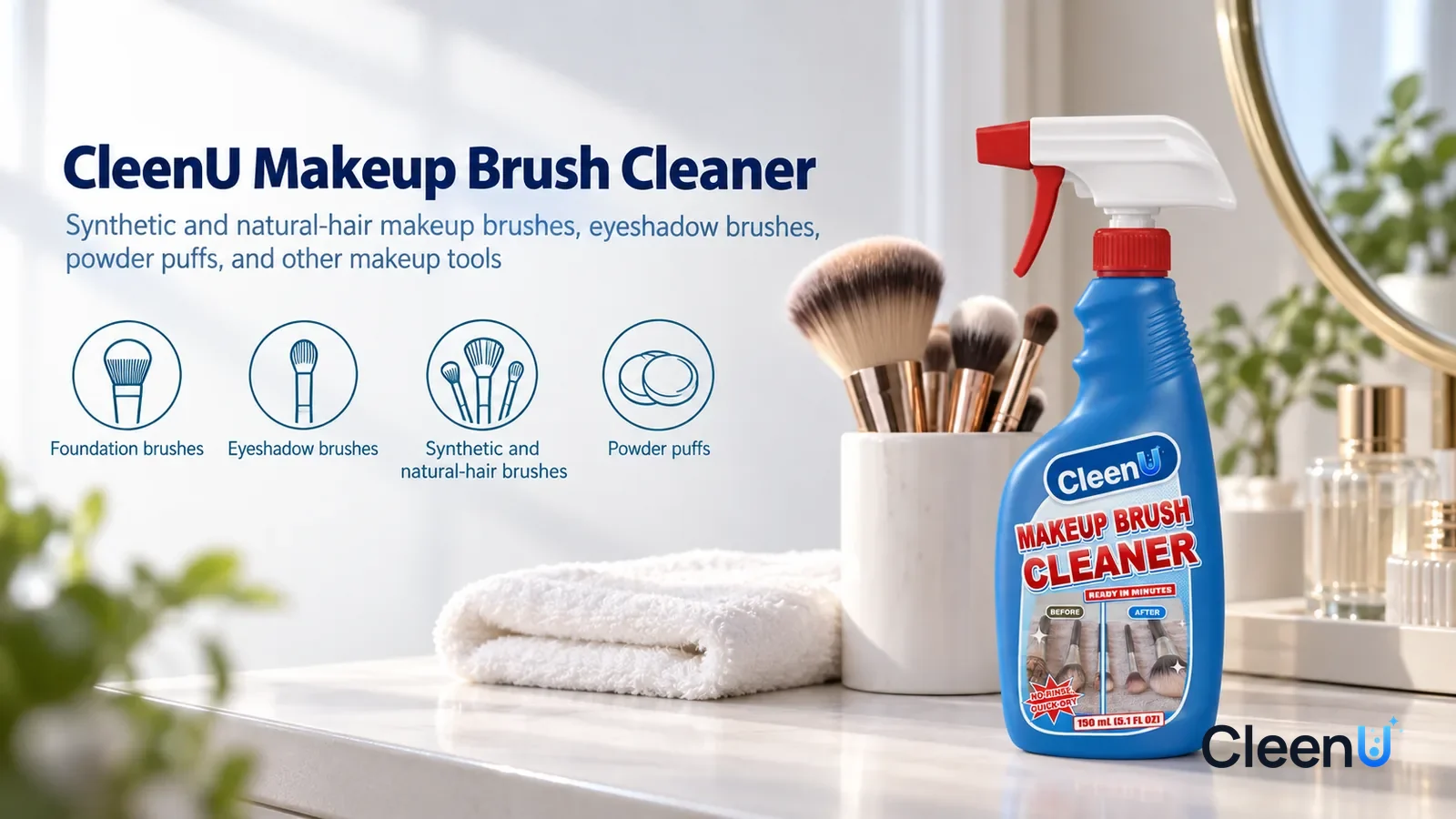 Illustration: CleenU Makeup Brush Cleaner — A bright, clean bedroom vanity, a white brush cup holding several clean, fluffy makeup brushes (no brand marks), a folded white towel