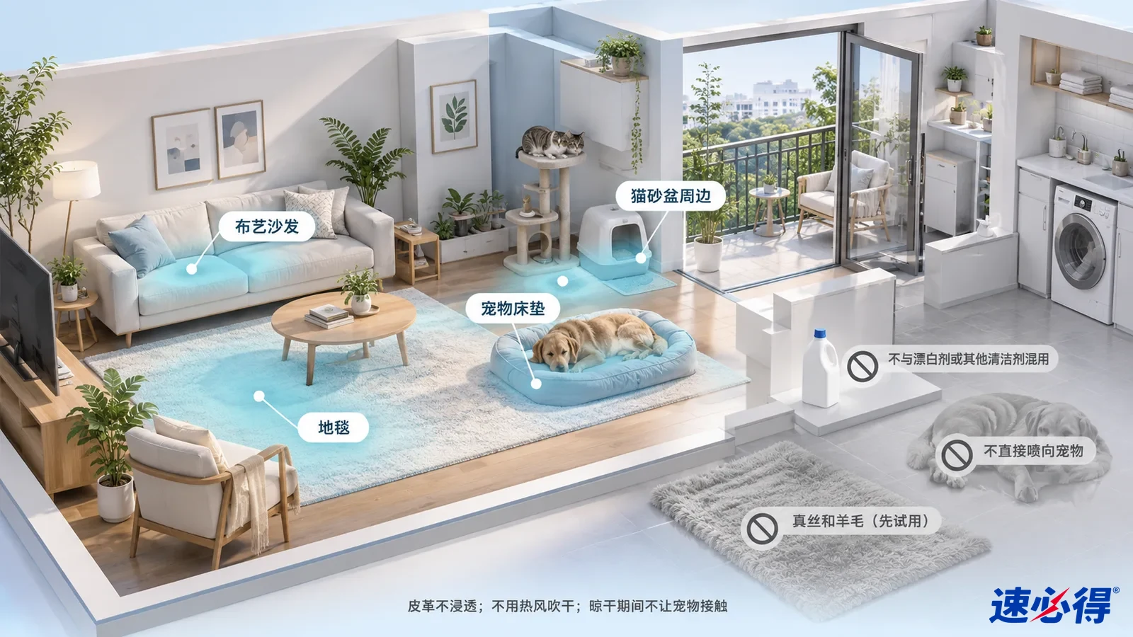 示意图：室内沙发、地毯和宠物窝被突出显示，旁列材料与宠物注意事项。