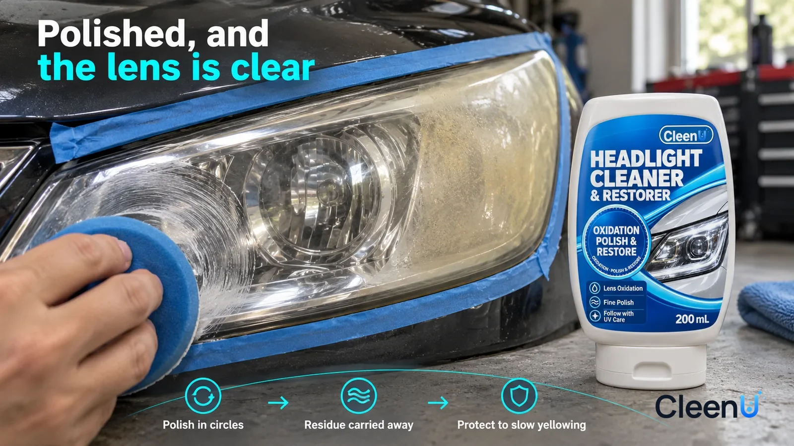 Illustration: CleenU Headlight Cleaner & Restorer — a blue sponge has just polished one patch in circles, the polished area clear enough to see the reflector bowl inside, a small yellowed