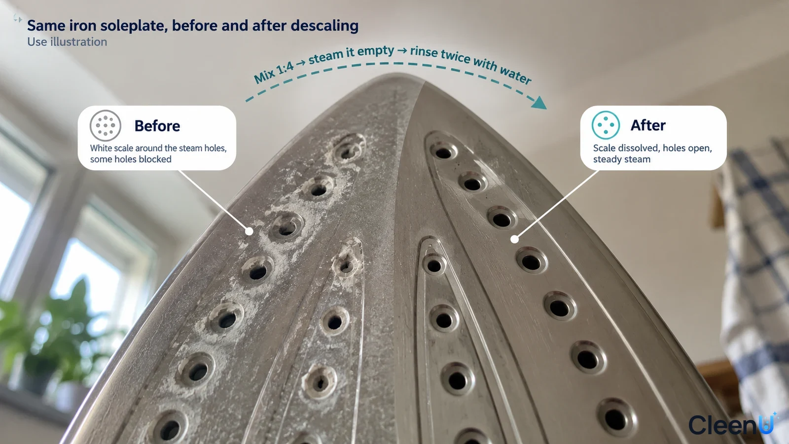Illustration: White scale and clearer steam holes on an iron soleplate; not a measured descaling test.