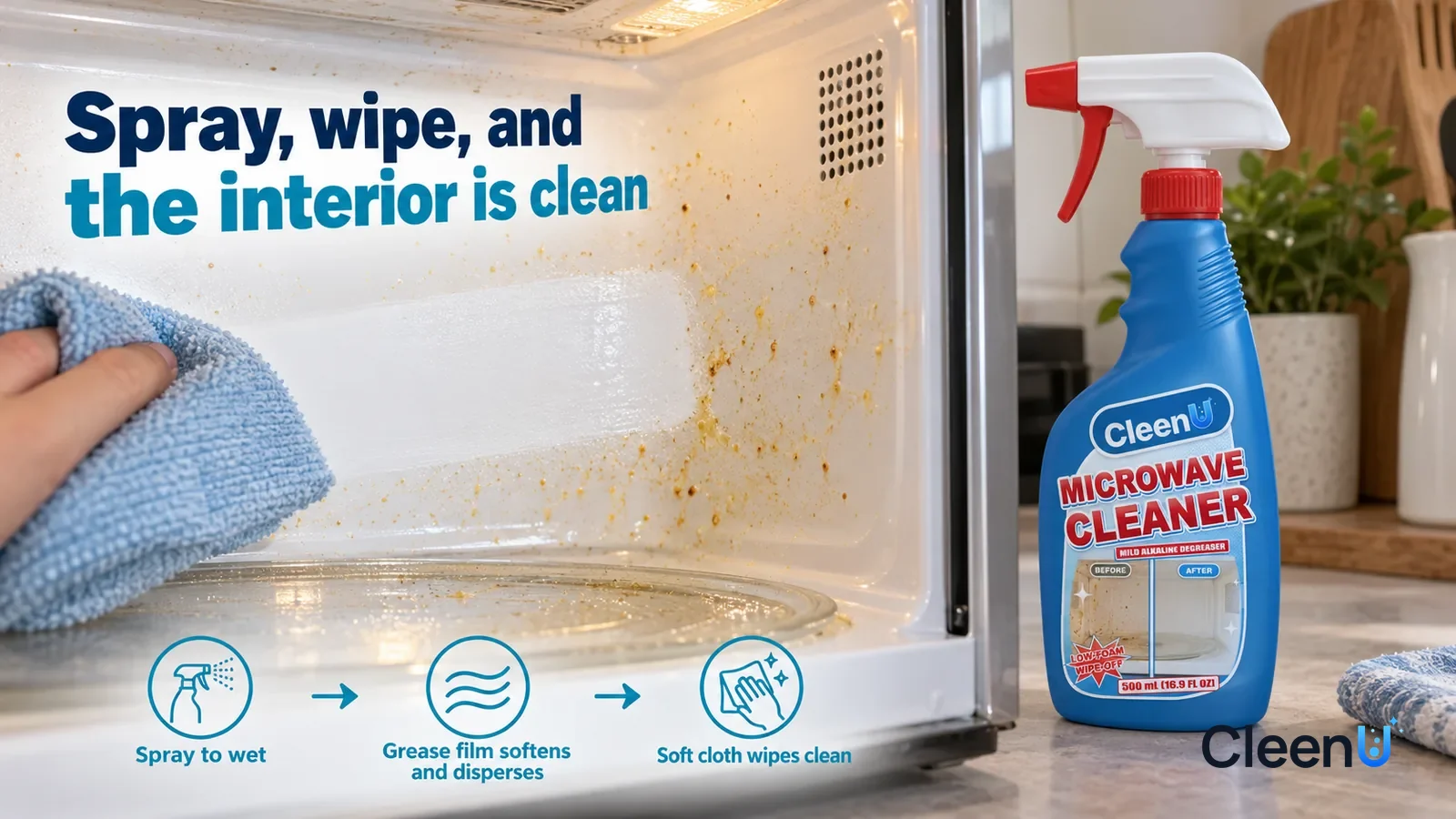 Illustration: CleenU Microwave Cleaner — a light-blue soft cloth has just wiped one stroke, the wiped area clean and white, a few yellow grease spots still left beside it