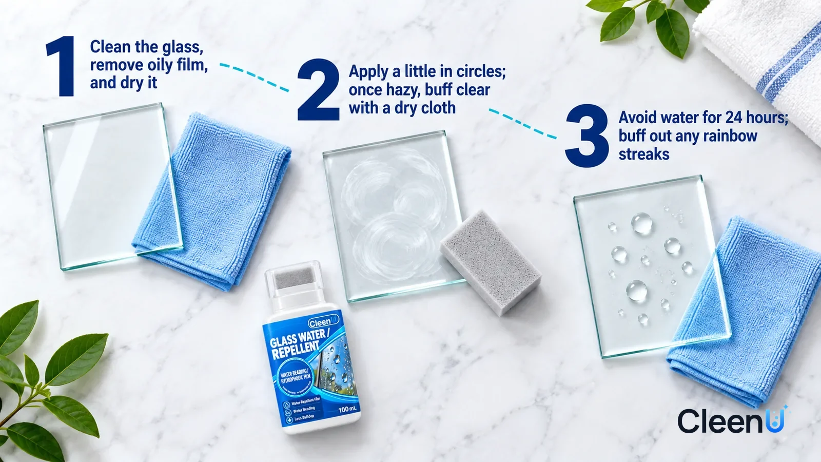 Illustration: CleenU Glass Water Repellent — an overhead shot straight down onto a light marble tabletop, no hands: (1) a dried clear glass sample and a folded clean microfiber cloth; (