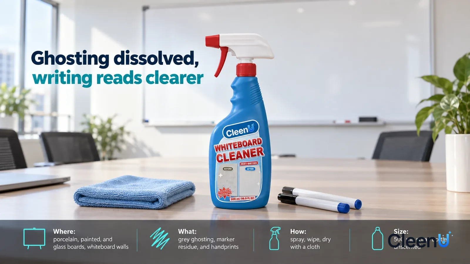 Illustration: CleenU Whiteboard Cleaner stands centered on the meeting table, a folded pale blue microfiber cloth and two whiteboard markers (no brand) beside it