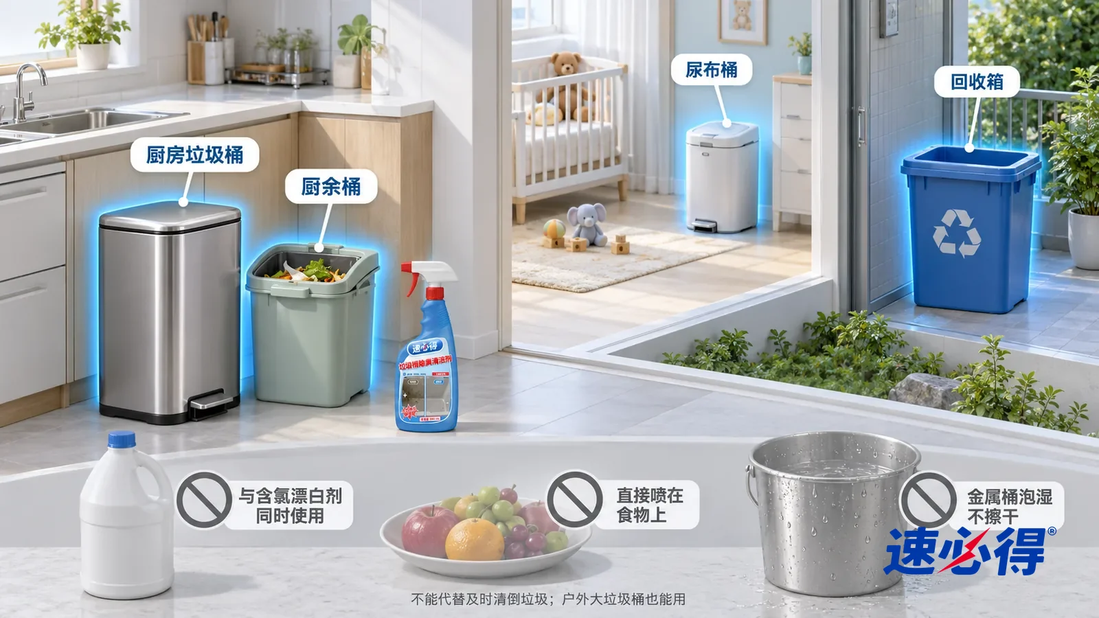 示意图:速必得垃圾桶除臭清洁剂——一张写实 3D 剖面实景图,一套明亮的家的厨房、婴儿房、阳台和小院,连续空间、一个视角,脚踏垃圾桶、厨余桶、尿布桶
