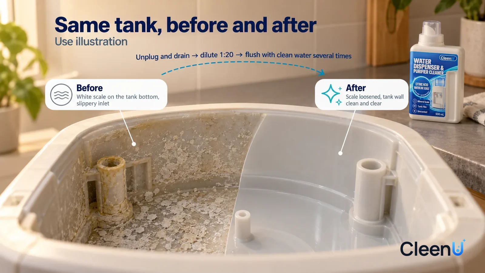 Illustration: CleenU Water Dispenser & Purifier Cleaner — A full-screen low-angle close-up looking down into a dispenser's cold-water tank with the jug removed (no brand marks)