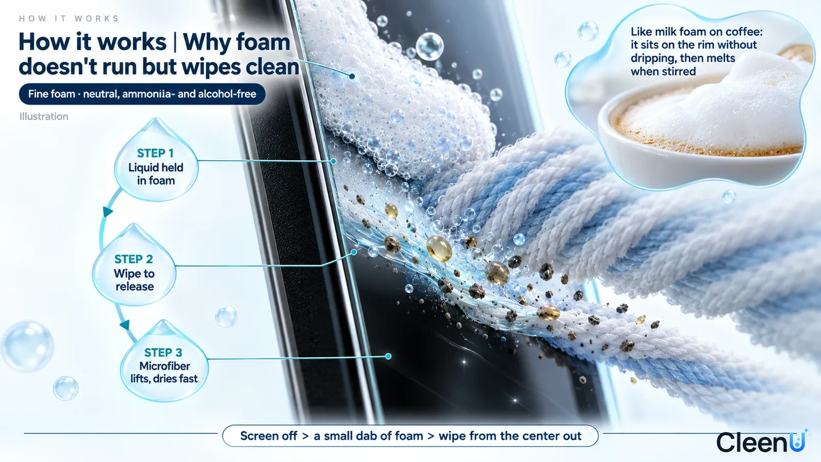Illustration: A screen-edge cross-section with foam, gray particles and a cloth with a foamy-drink analogy inset.