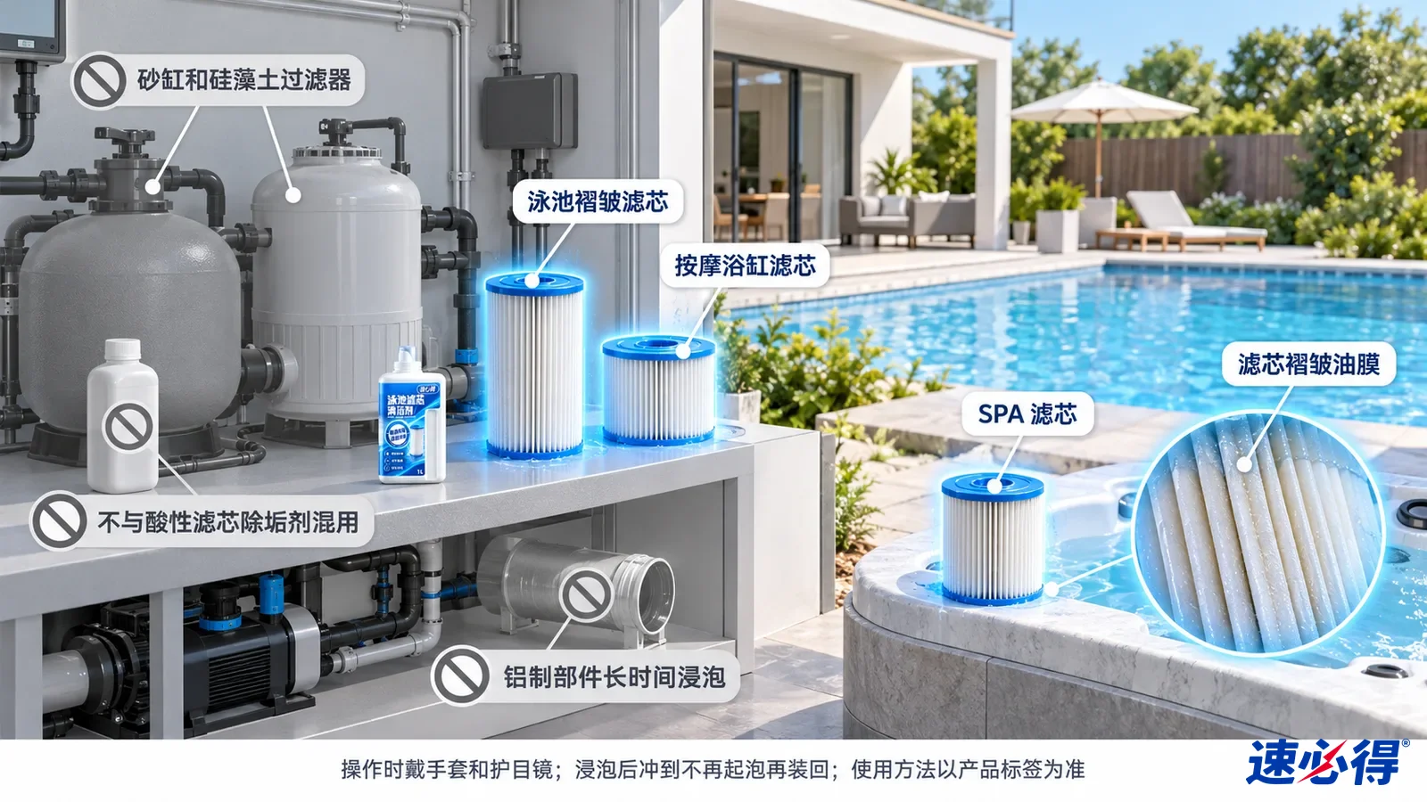 示意图：泳池及水疗滤芯设备被突出显示，旁列过滤介质和设备注意事项。