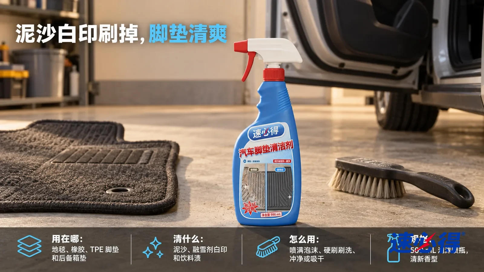 示意图：速必得汽车脚垫清洁剂居中站在车库水泥地面上，旁边一块干净的深灰色地毯脚垫和一把硬毛刷，身后车库和一扇打开的车门向画面深处柔和虚化，不出现车标和车牌