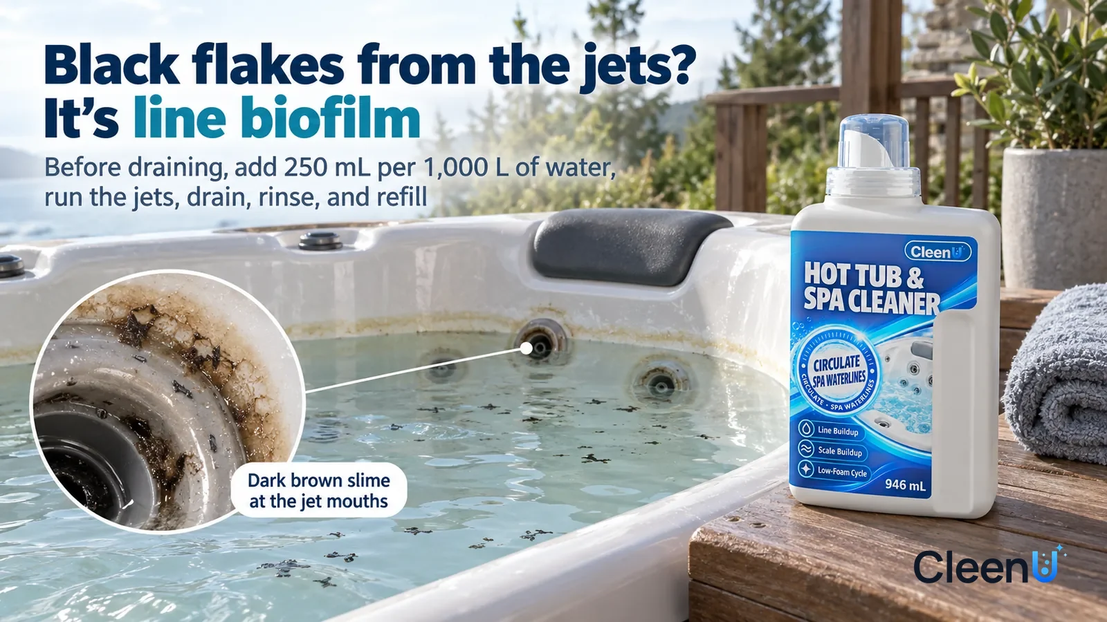 Illustration: CleenU Hot Tub & Spa Cleaner — An outdoor deck at home, a white hot tub (no brand marks); in raking side light Headline: "Black flakes from the jets? It's line biofilm"