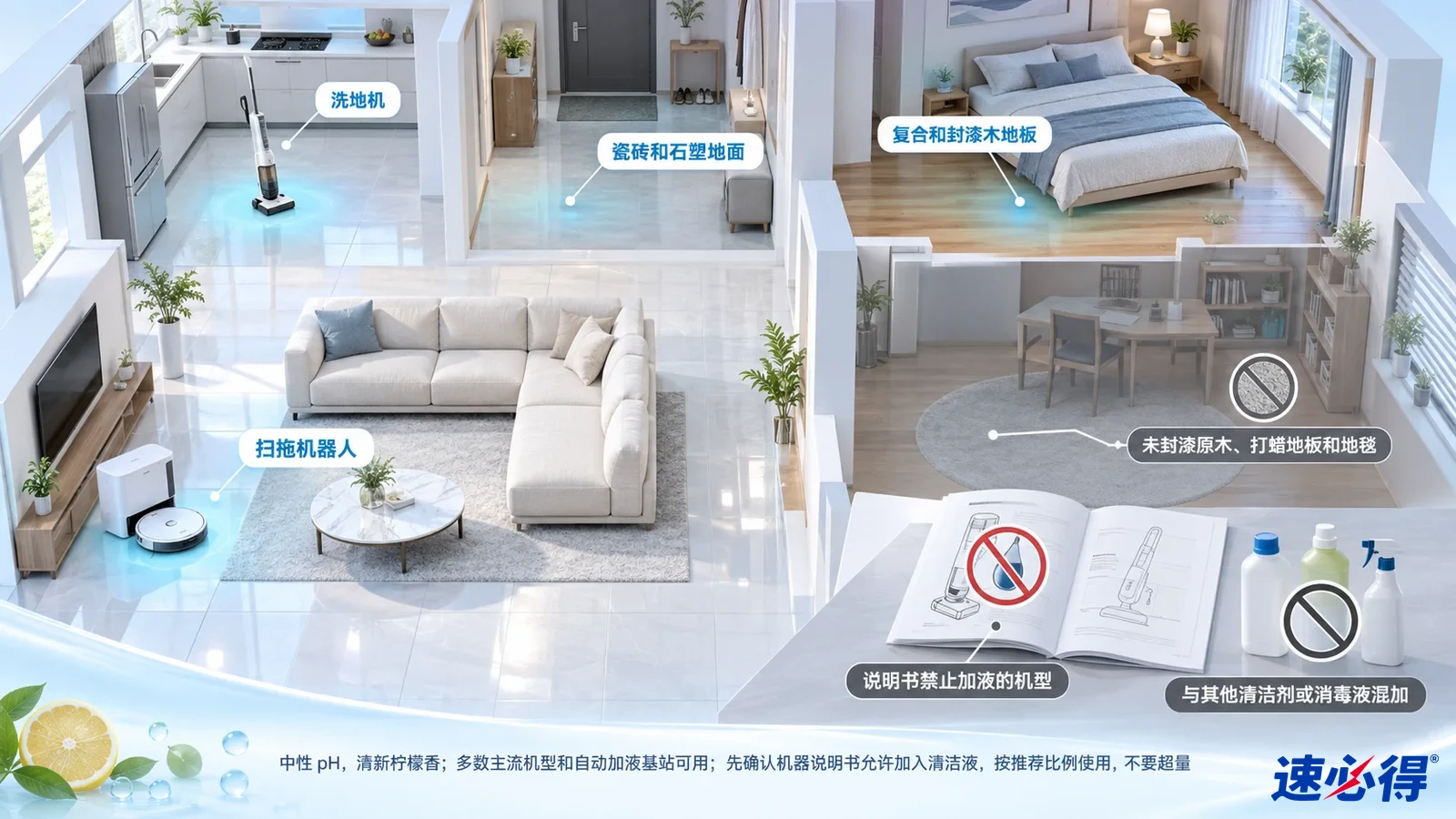 示意图：住宅中的机器人拖地区域被突出显示，旁列设备与地面材质注意事项。