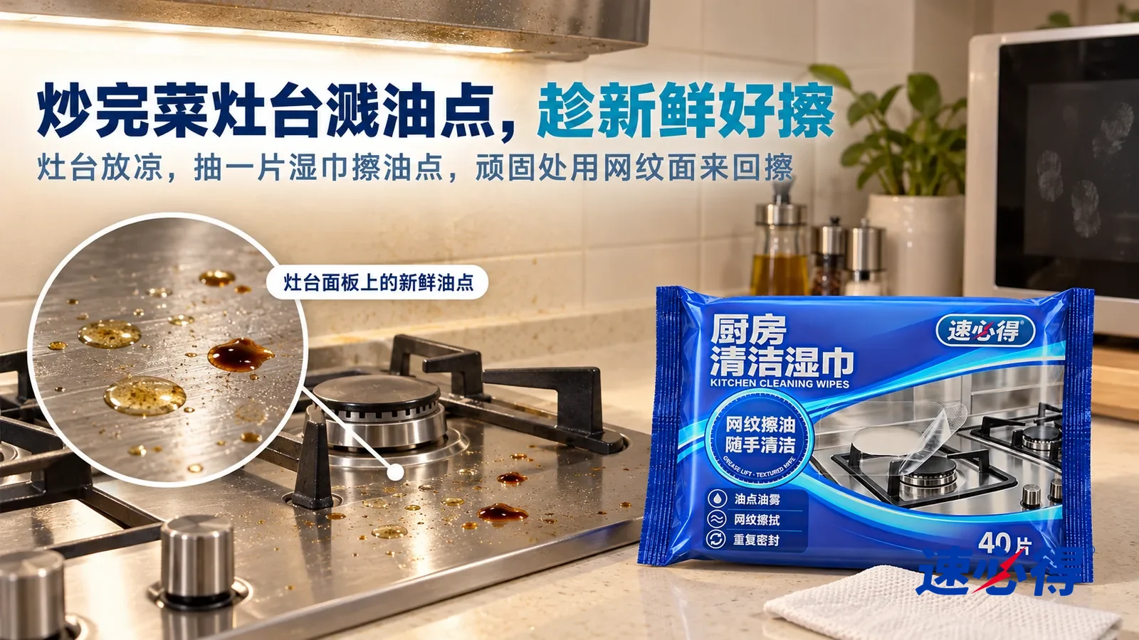 示意图:速必得厨房清洁湿巾——一个家常厨房,刚做完晚饭,灶火已经关掉、锅已经拿开,不锈钢燃气灶面板上溅着一些新鲜油点和几滴深色酱汁,窗光侧照下油点的反光清楚可见,标题“炒完菜灶台溅油点,趁新鲜好擦”
