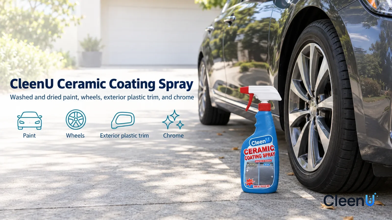 Illustration: CleenU Ceramic Coating Spray — A clean driveway at home in the shade of a tree, a dark grey sedan (no badges, no plates) with deep-gloss paint and clean chrome trim