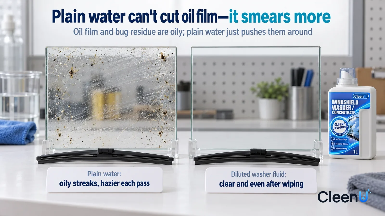 Illustration: CleenU Windshield Washer Concentrate — A landscape medium close-up of a small experiment in a cleaning lab: two identical glass samples stand side by side on a white test bench Headline: