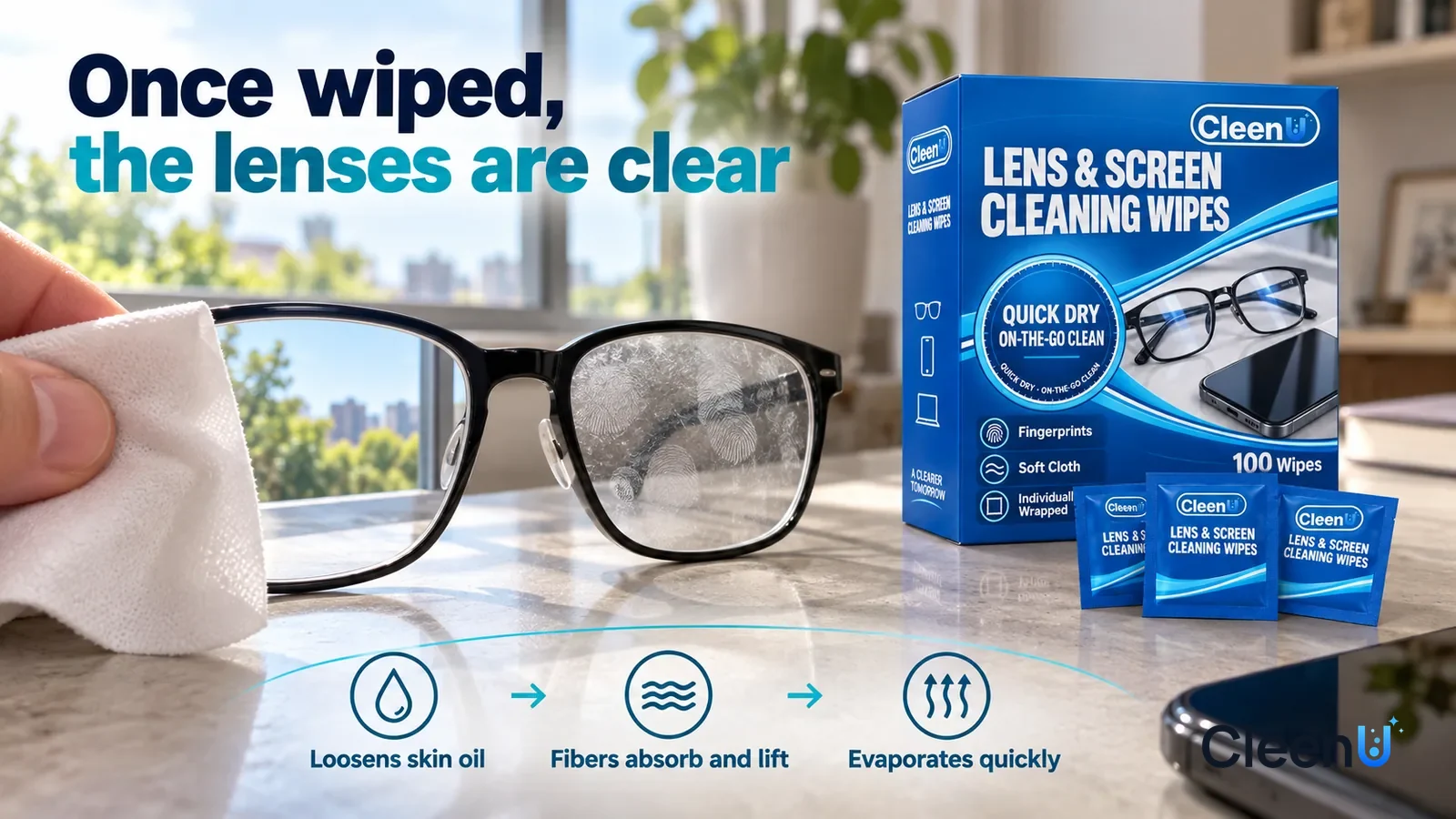 Illustration: CleenU Lens & Screen Cleaning Wipes — an unfolded white wipe has just wiped half of it, the wiped half clear with the window view sharp through it