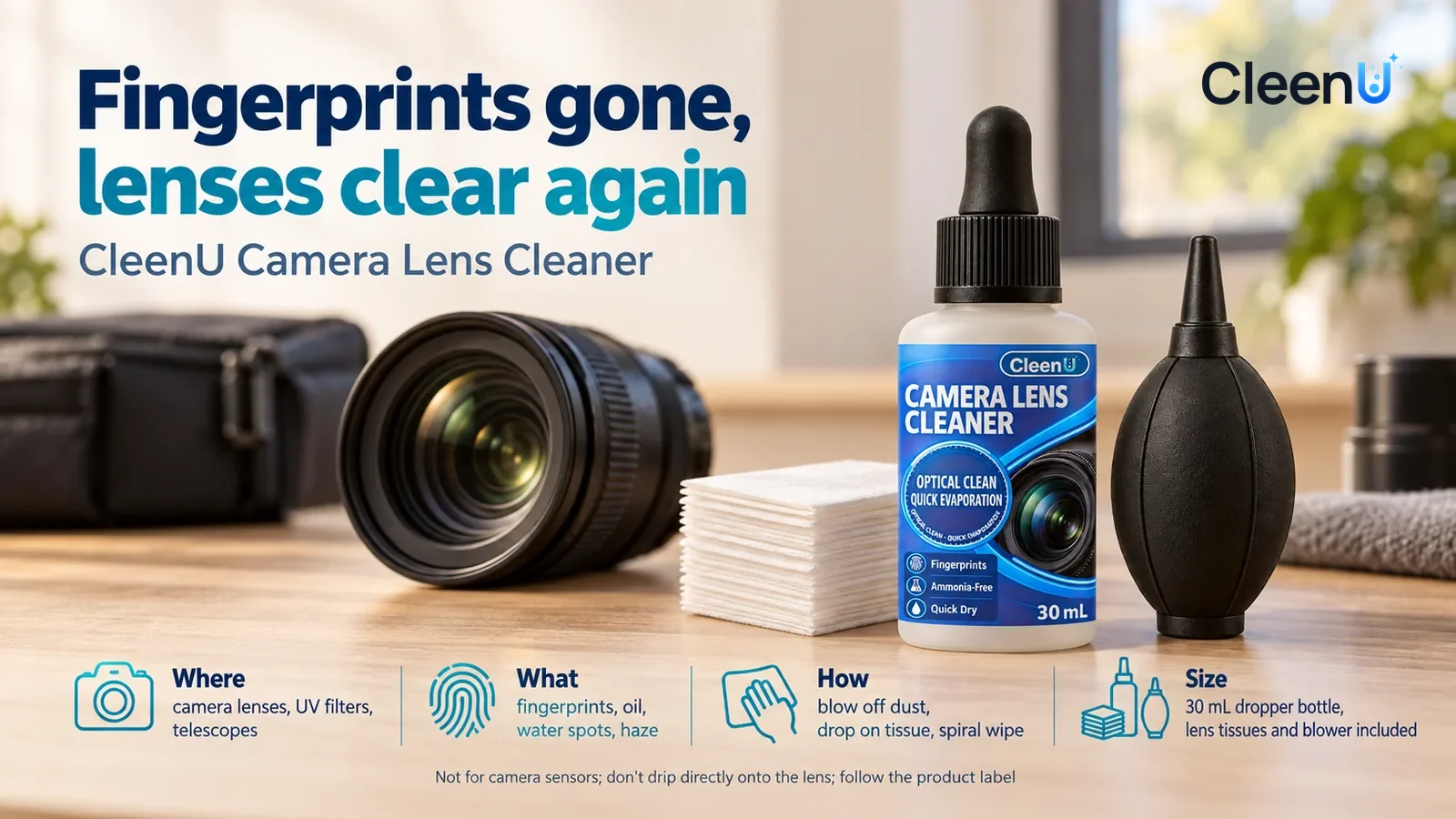 Illustration: CleenU Camera Lens Cleaner, dropper capped, stands in the right third of the frame on a wooden workbench Headline: "Fingerprints gone, lenses clear again"