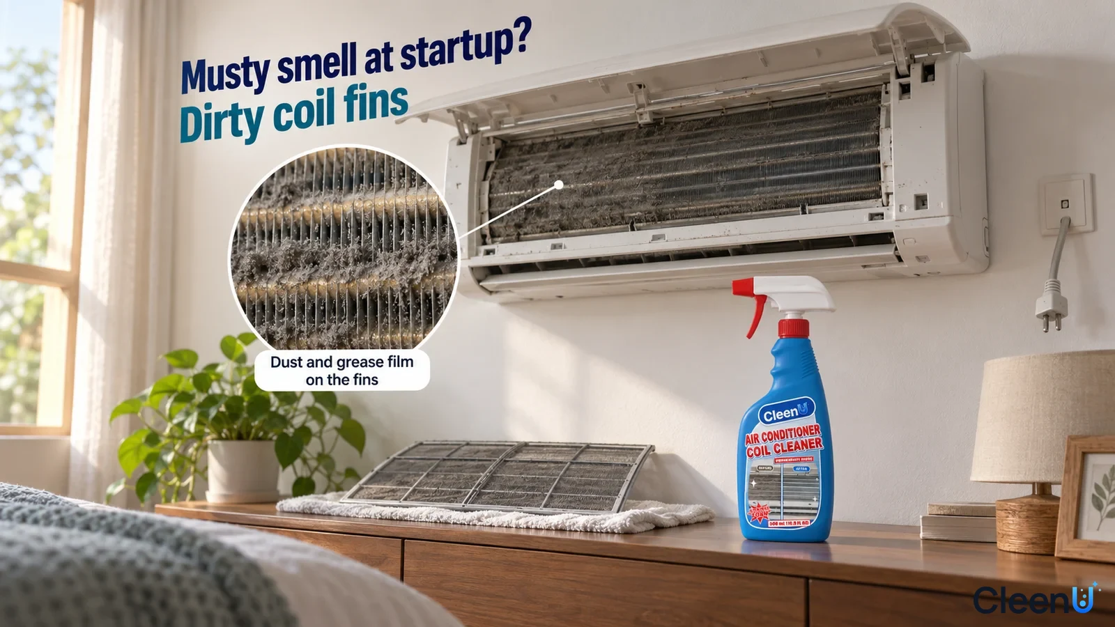 Illustration: Dusty dark coil fins in an open wall-mounted air conditioner beside removed filters and a blue bottle.