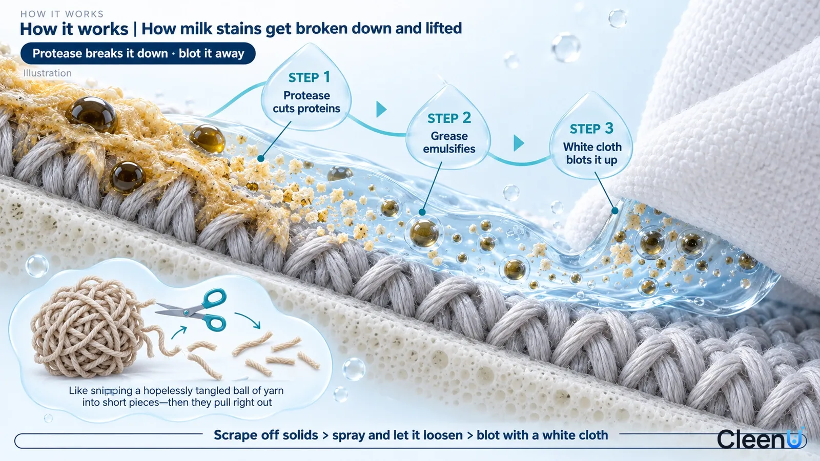 Illustration: Woven fiber cross-sections, yellow stain particles, drops, a cleaning cloth and a protein breakdown illustration.