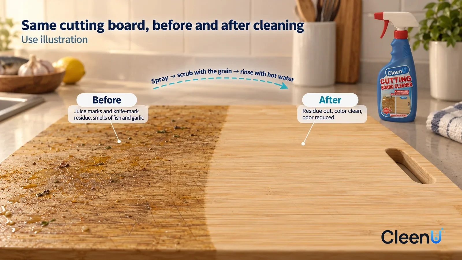 Illustration: CleenU Cutting Board Cleaner & Deodorizer — A full-screen low-angle close-up of a bamboo board's surface, in the same side light: the untreated half has a few pale yellow-brown juice m