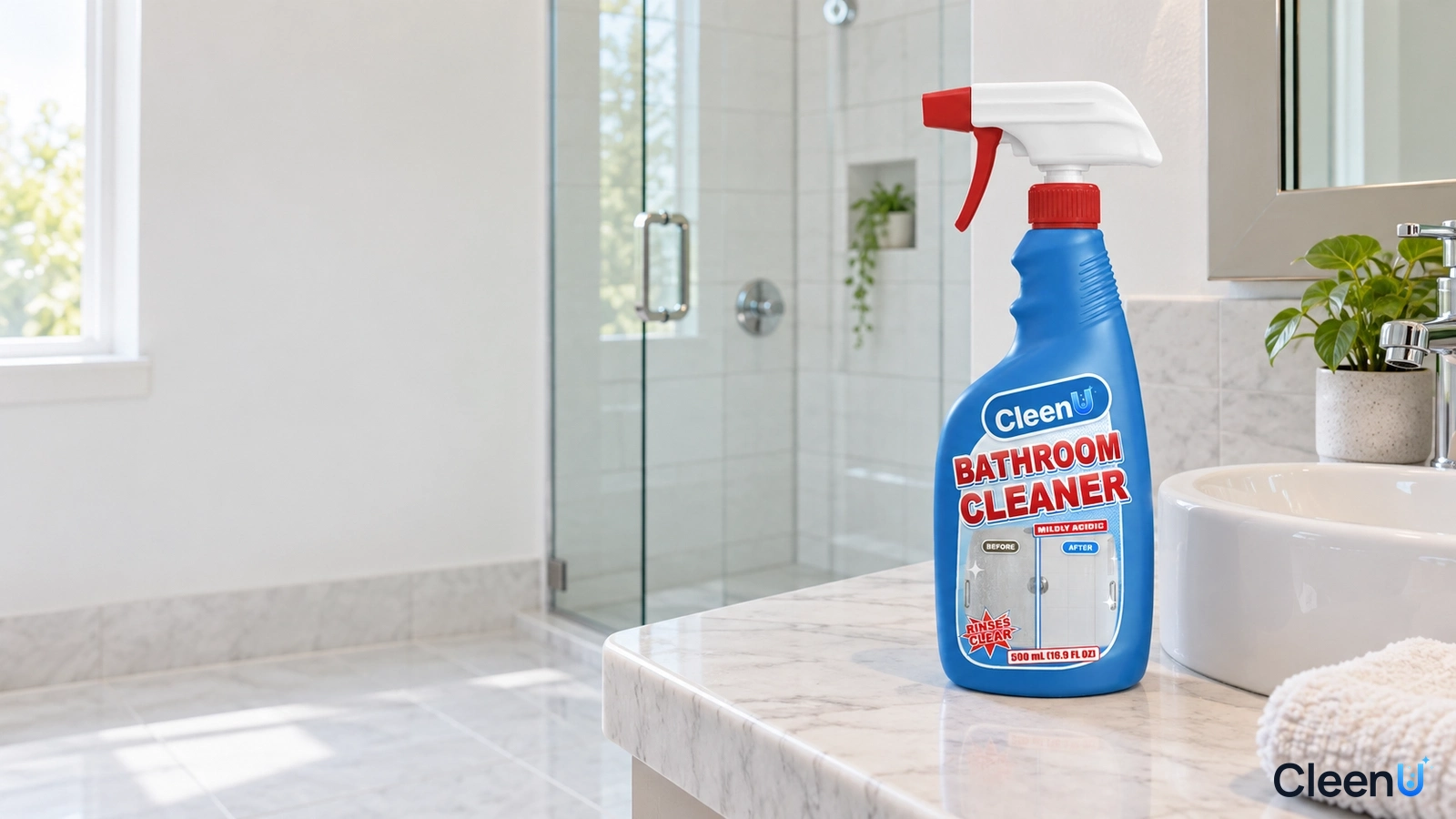 Illustrated blue bathroom cleaner bottle on a light vanity in a bright bathroom.