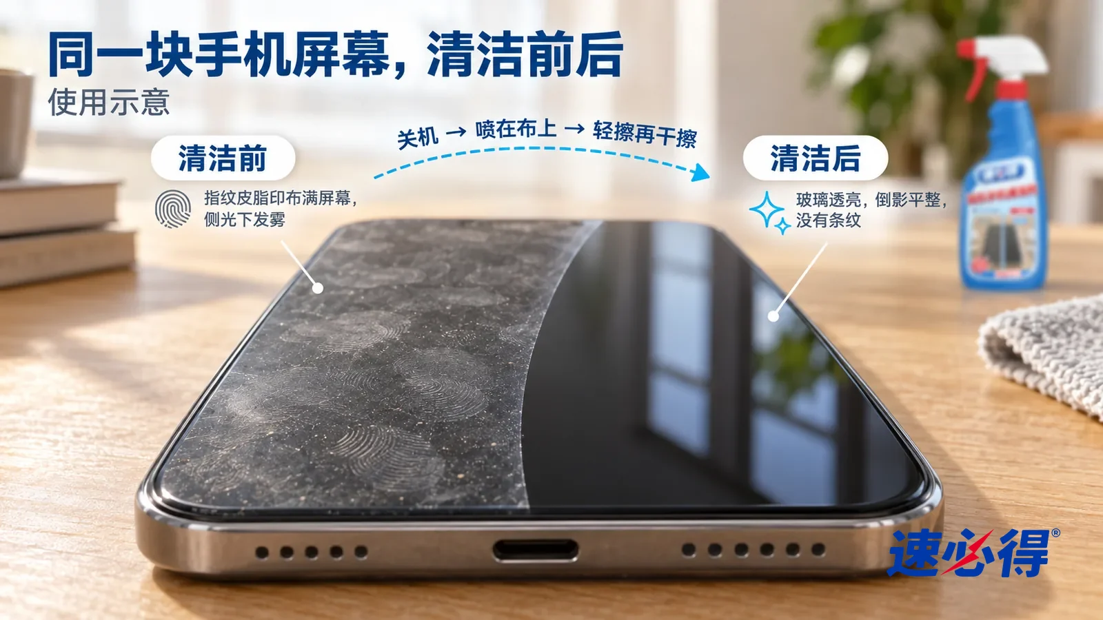 示意图：速必得耳机手机清洁剂——整屏一部关机黑屏的通用造型手机（无标志）平放在木桌上的低角度大近景，同一侧光，不出现瓶子：没擦的一半屏幕布满指纹和皮脂印
