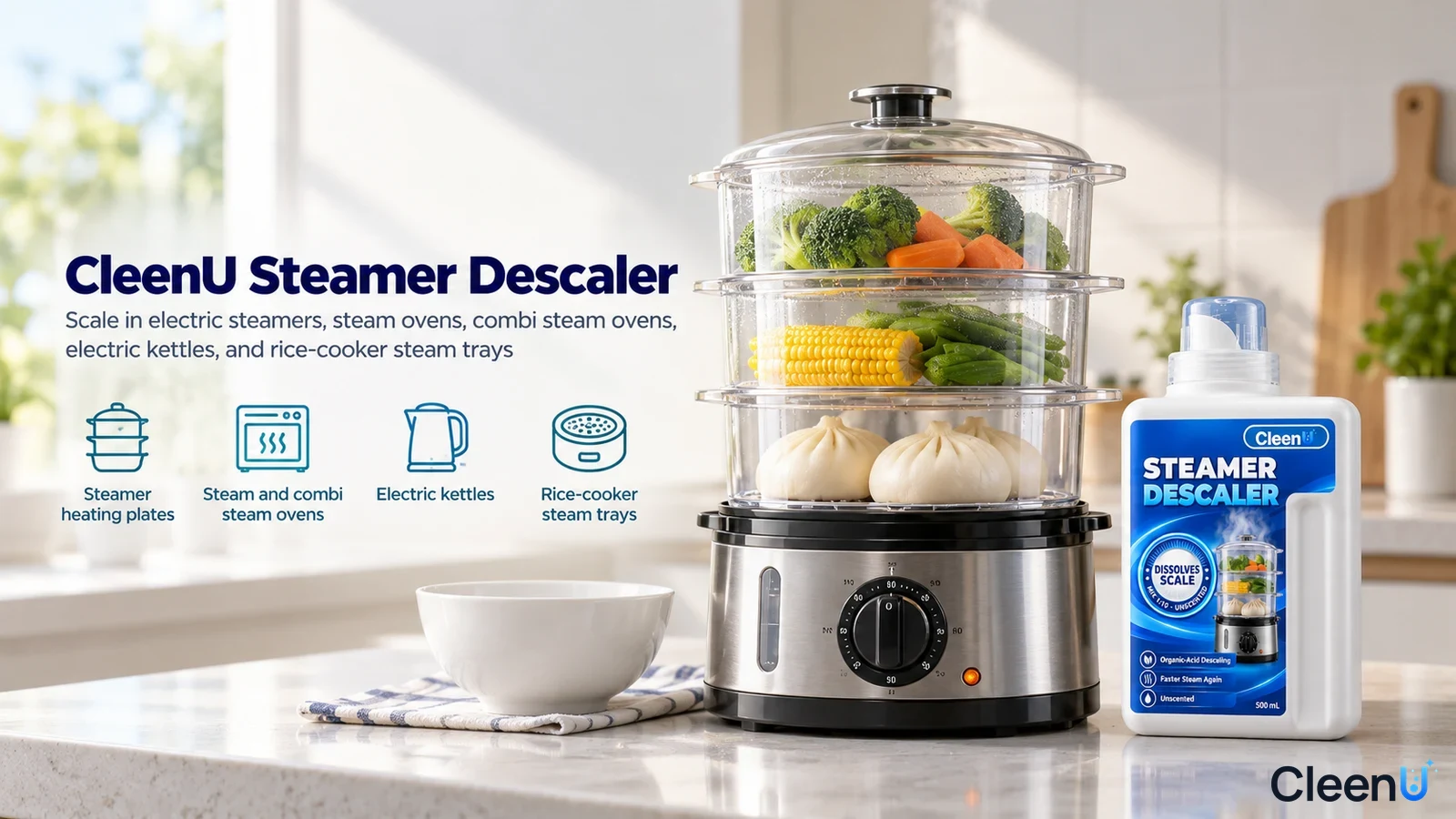 Illustration: A stacked steamer and white descaler bottle on a kitchen counter with use icons.