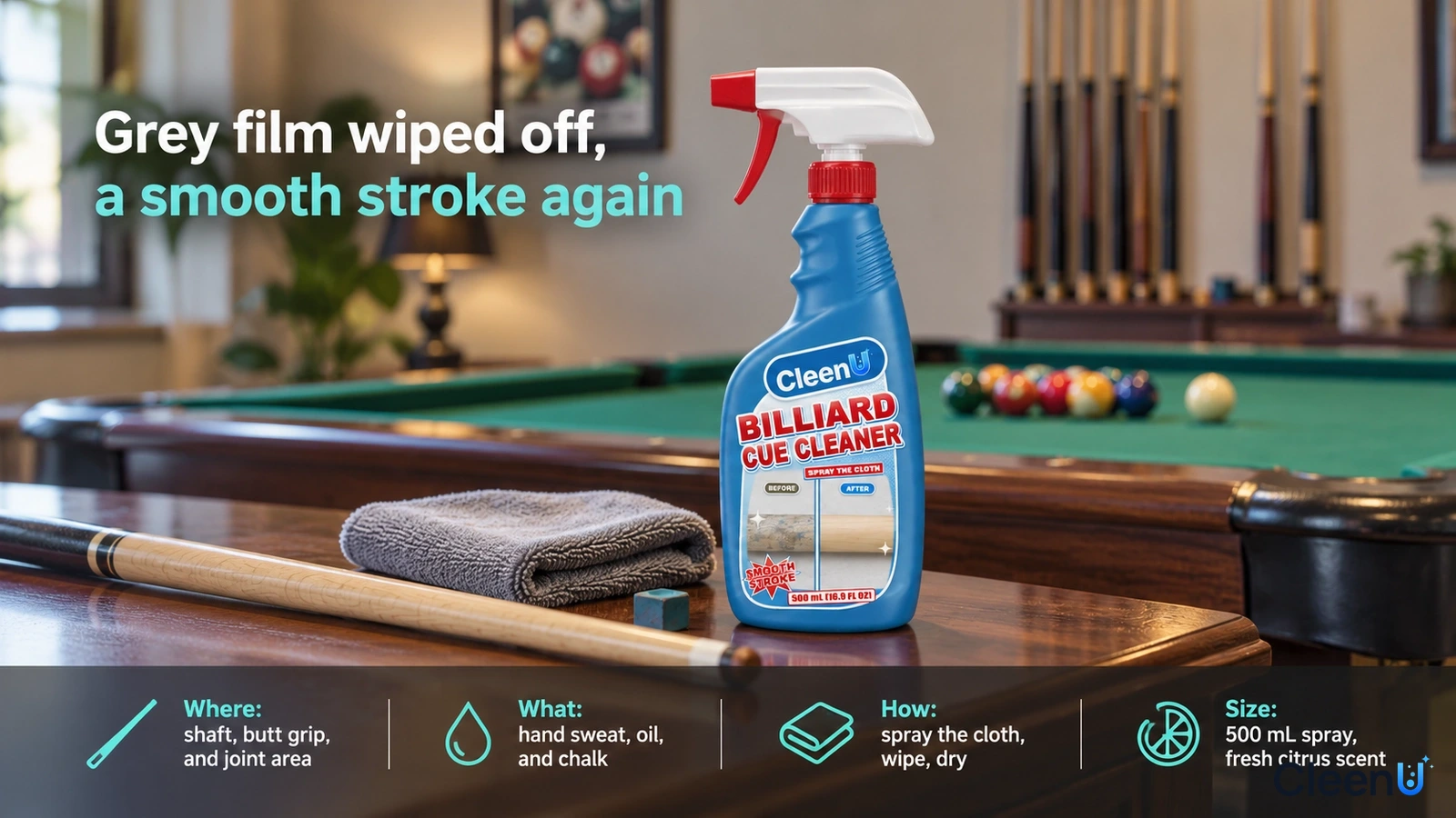 Illustration: A blue cleaner bottle, billiard cue, gray cloth and chalk cube beside a table.