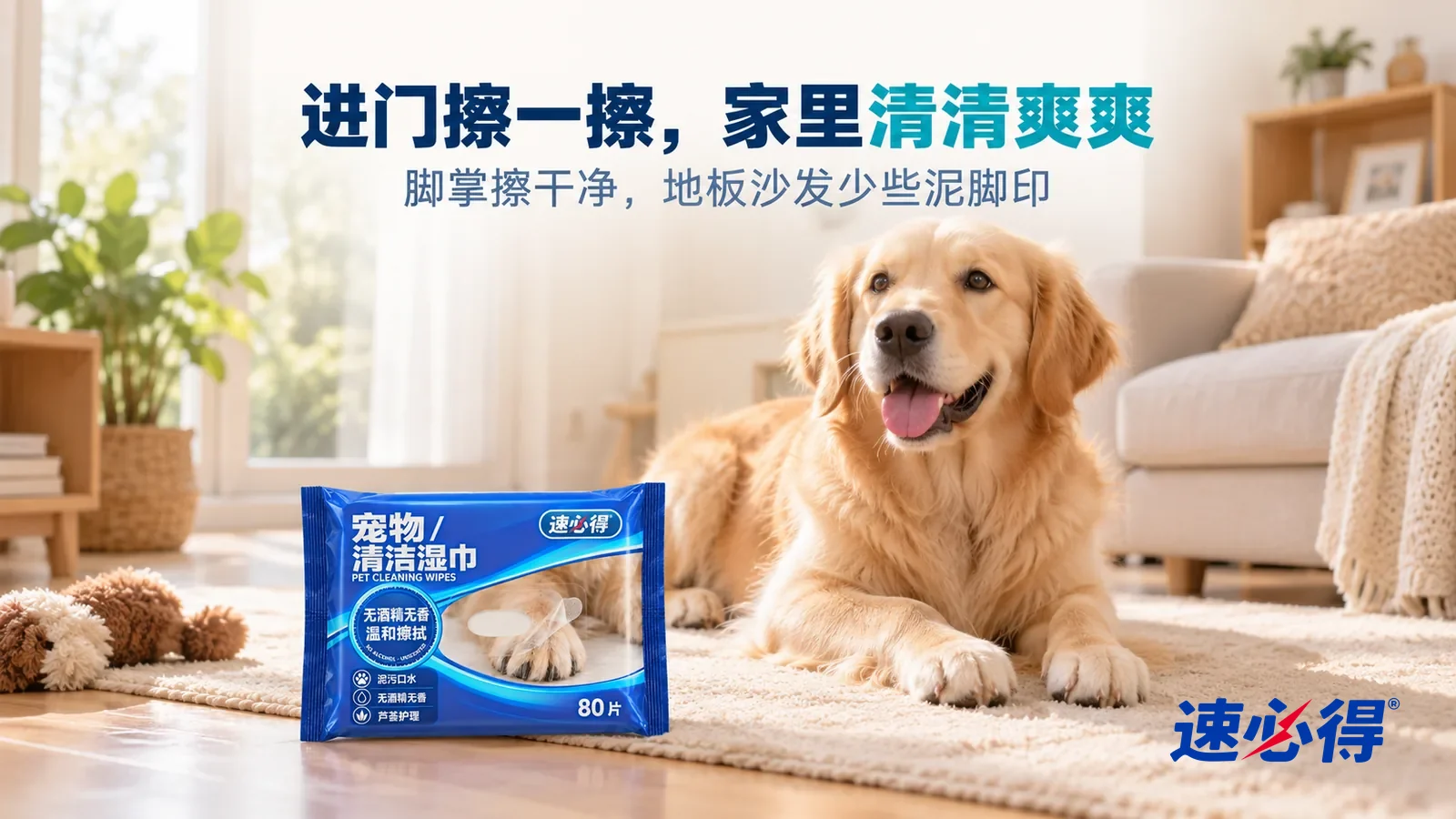 示意图：速必得宠物清洁湿巾——明亮的客厅，一只干干净净的浅金色中型犬安静趴在窗边干净的浅色地毯上，脚掌清爽，木地板上没有泥脚印，柔和窗光斜照进来，标题“进门擦一擦，家里清清爽爽”