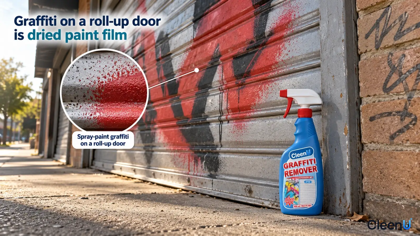Illustration: Red and black graffiti on a metal roll-up door beside a blue cleaner bottle.