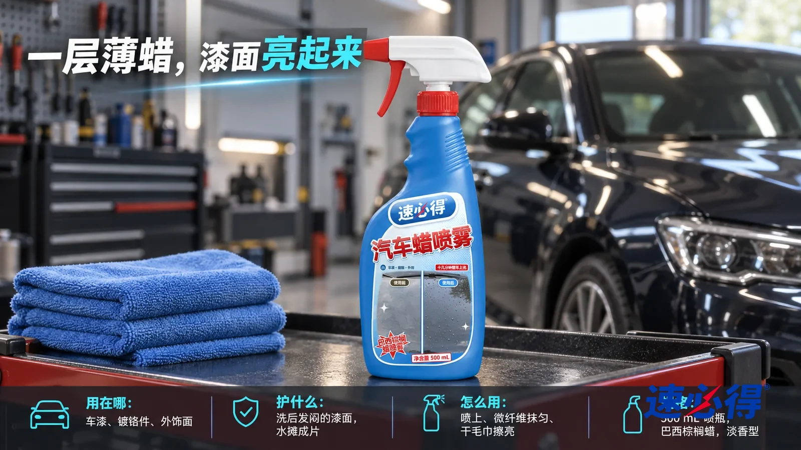 示意图：速必得汽车蜡喷雾居中站在车库工具推车台面上，旁边一摞叠好的蓝色微纤维毛巾，身后一辆漆面光亮的深色轿车（无车标、不露车牌）和车库向画面深处柔和虚化