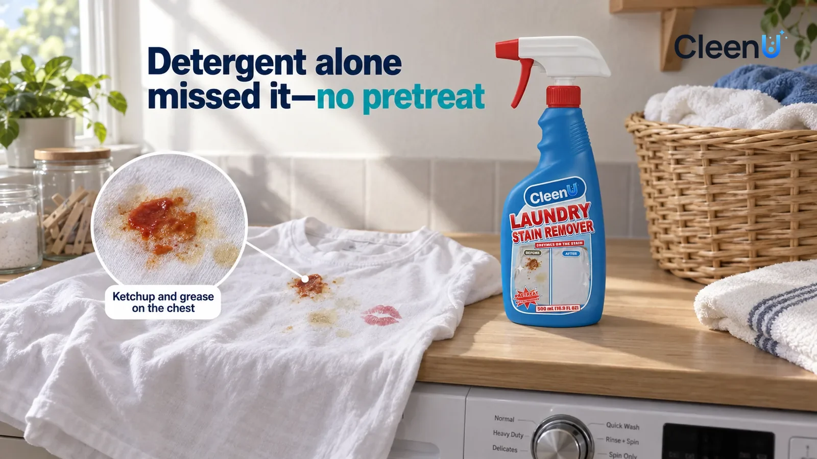 Illustration: CleenU Laundry Stain Remover — An everyday laundry room, a white cotton T-shirt laid out on the counter above the washer; in side window light a ketchup stain