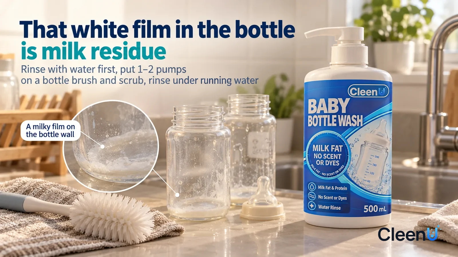 Illustration: CleenU Baby Bottle Wash — Beside the sink in an everyday kitchen, two just-used clear baby bottles (no brand marks) and a removed silicone nipple on the counter; in w Headline: "That whi