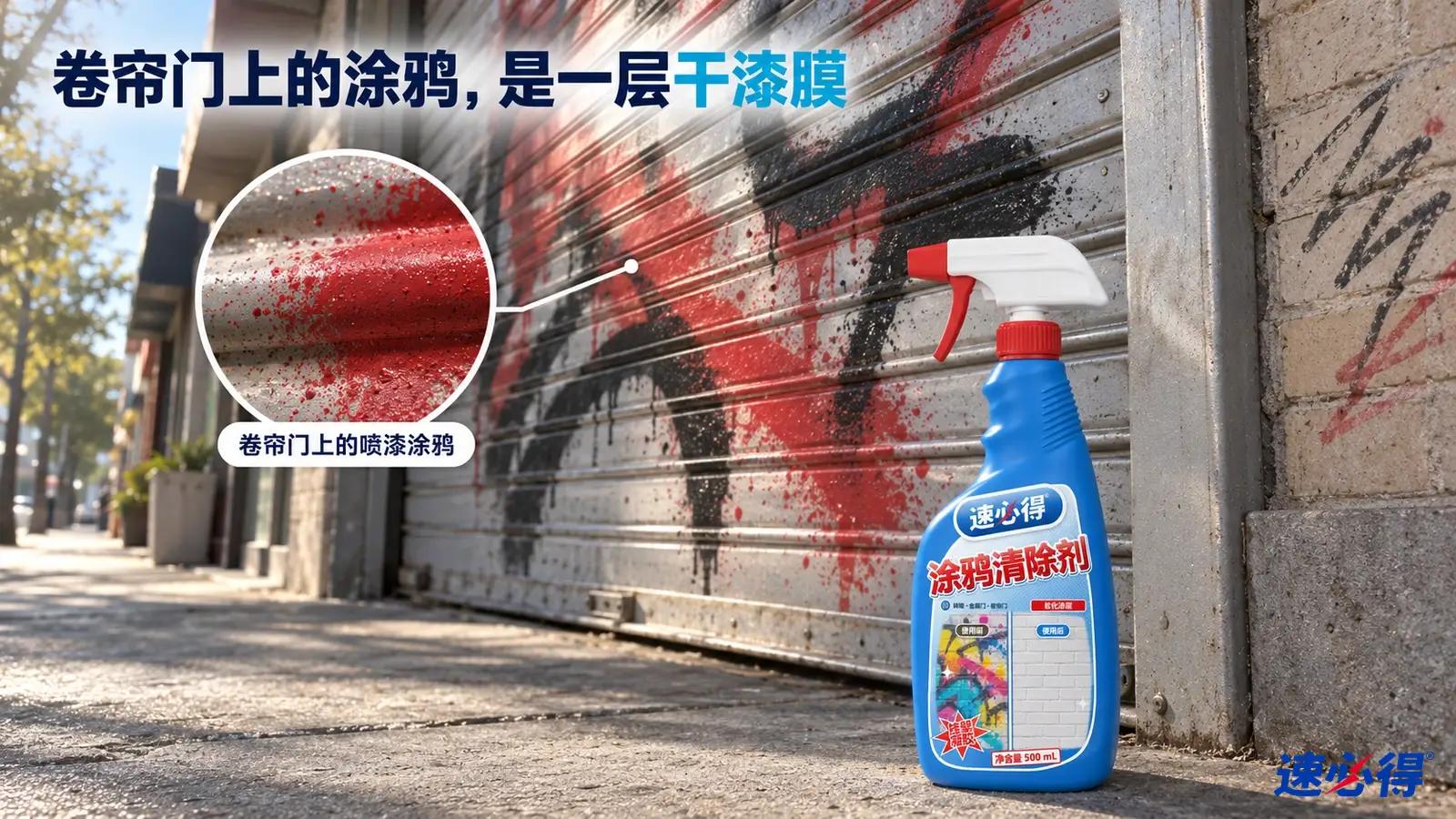 示意图：金属卷帘门上的红黑涂鸦和旁边的蓝色喷瓶。