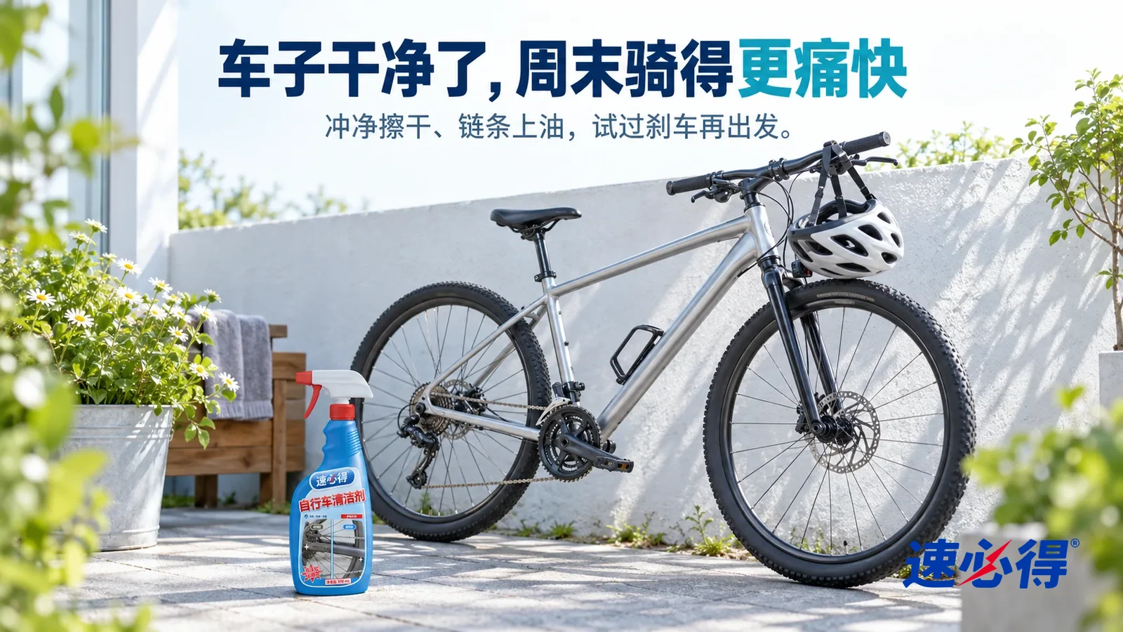 示意图：速必得自行车清洁剂——清晨的小院，一辆干净的自行车靠在浅色院墙边，车架漆面干净、牙盘飞轮露出金属色，旁边一顶骑行头盔挂在车把上，柔和晨光斜照进来，地面干爽；车上，标题“车子干净了，周末骑得更痛快”