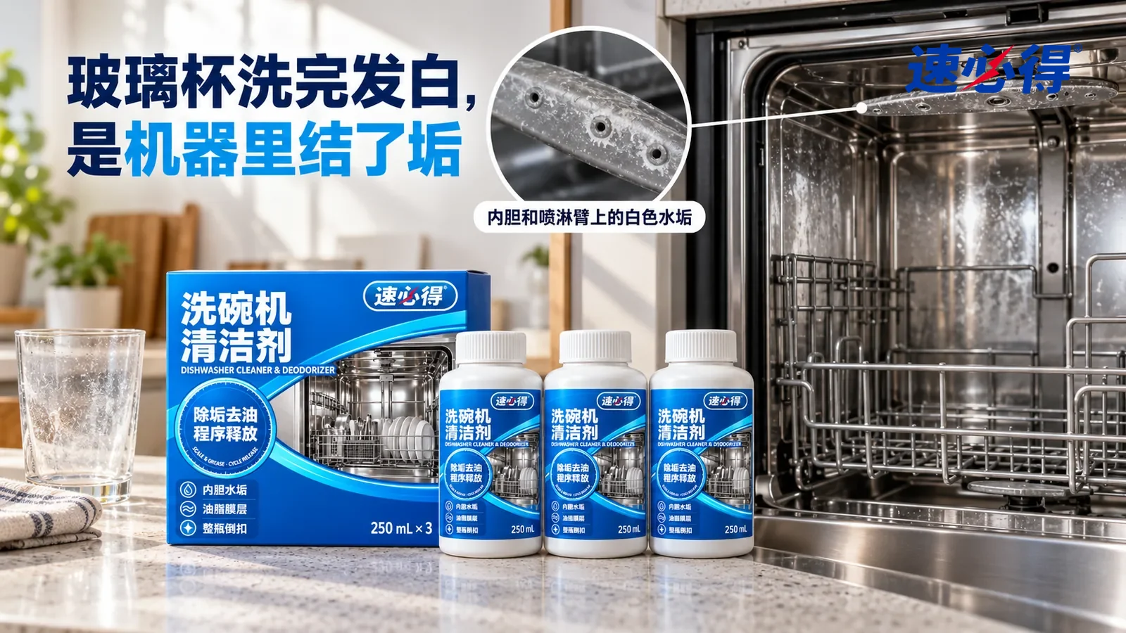 示意图：速必得洗碗机清洁剂——一个家常厨房，一台嵌入式洗碗机（无品牌标志）门打开着，碗篮空着，侧光斜照下不锈钢内胆侧壁一层发白发雾的水垢清楚可见