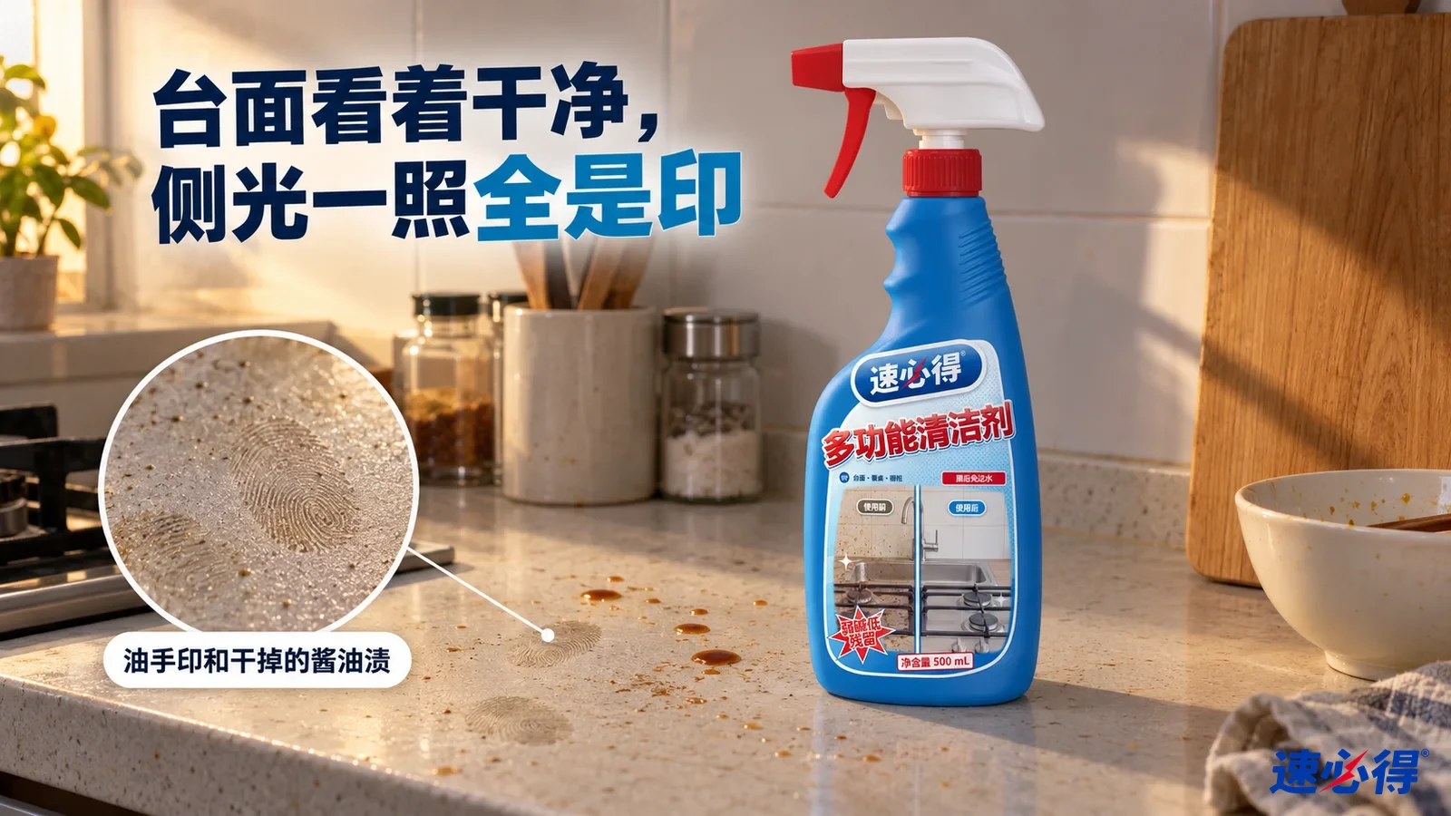 示意图：蓝色多功能清洁剂喷瓶置于有碎屑和油渍的浅色厨房台面，旁边展示污渍细节。