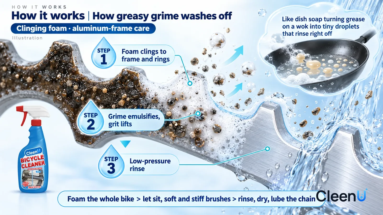 Illustration: CleenU Bicycle Cleaner — an enormously magnified slice of an aluminum chainring tooth runs diagonally from upper left to lower right; on the left a layer of black-br