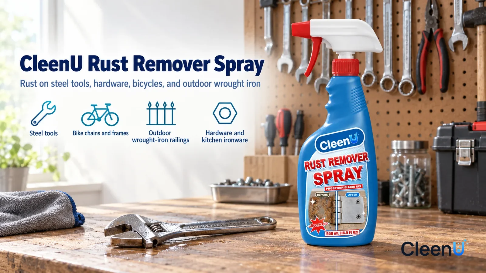 Illustration: CleenU Rust Remover Spray — A bright, tidy garage workbench, a row of clean tools hanging on the pegboard, a de-rusted wrench on the bench with a faint oily sheen